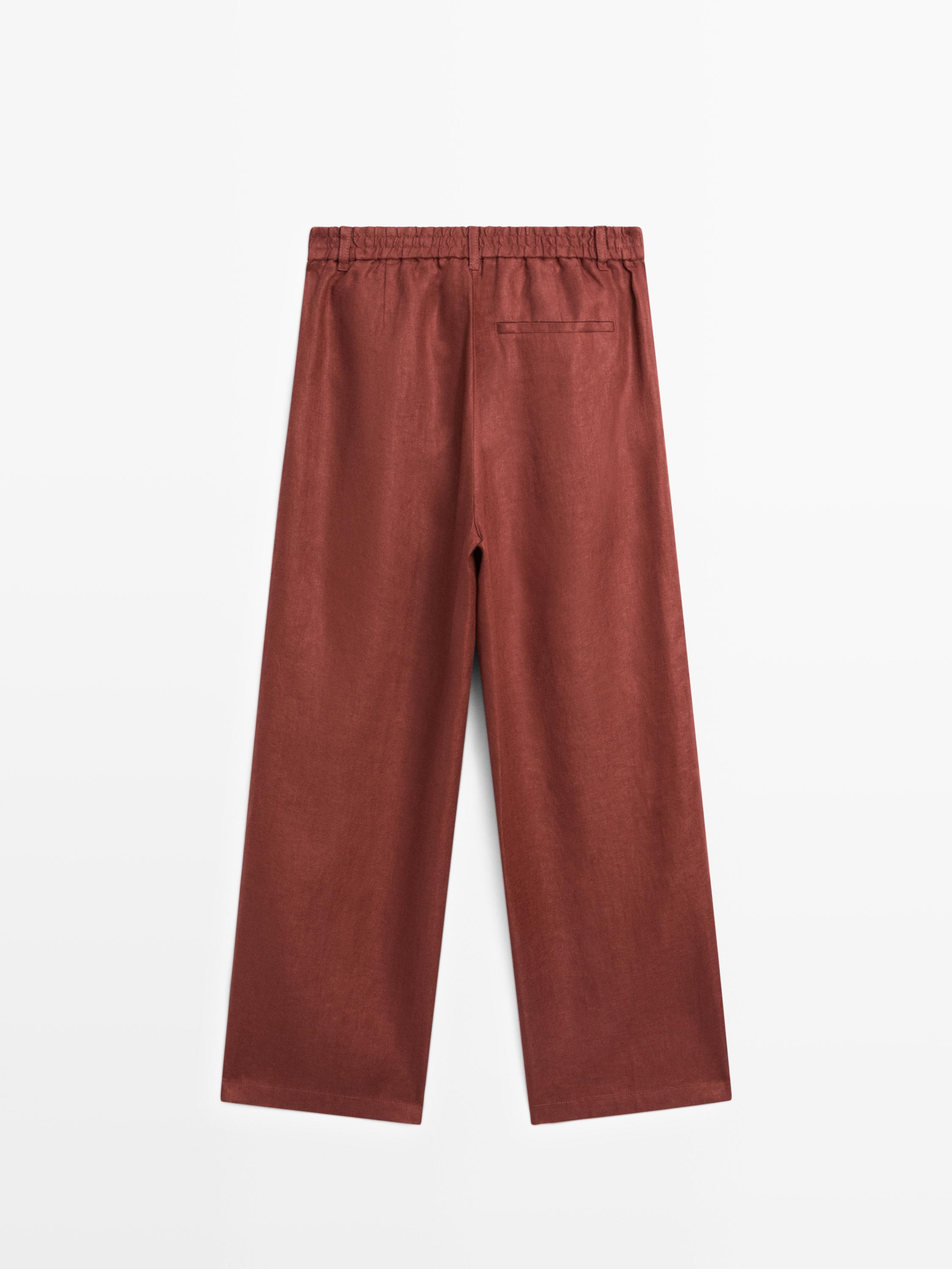 100% linen wide-leg elasticated trousers — Orange