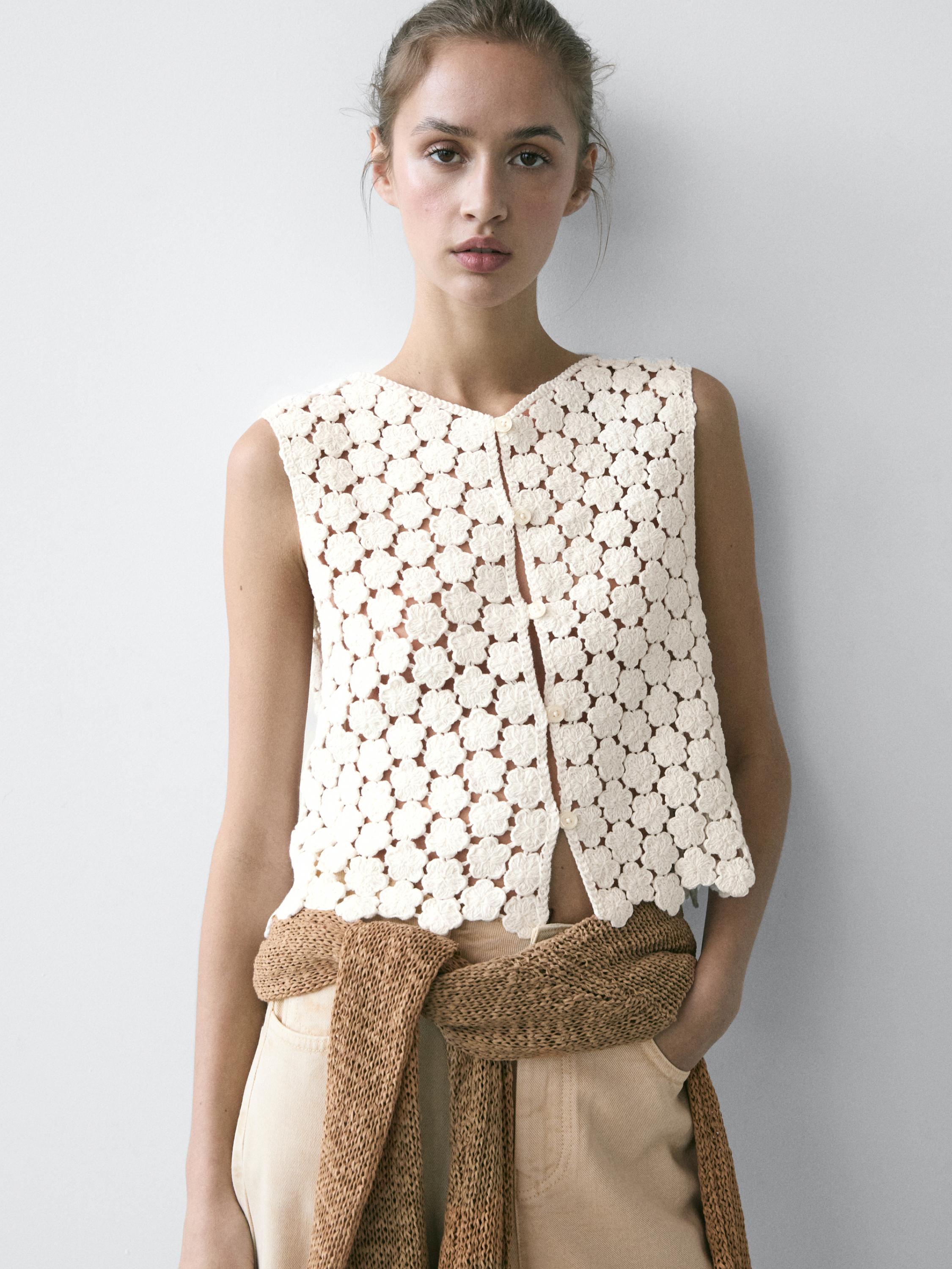 Cotton blend knit vest — CREAM