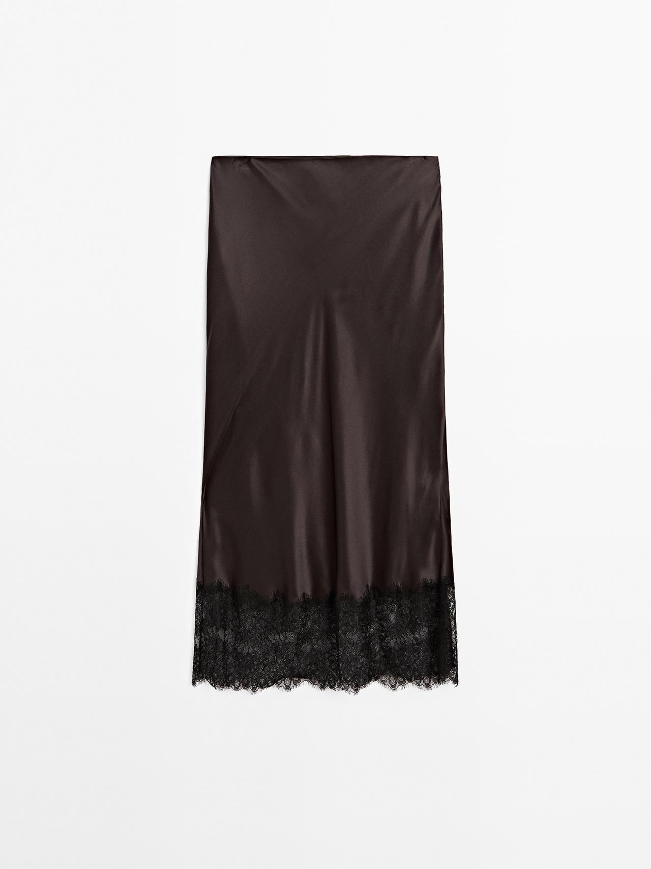 Saia Midi Acetinada Com Estilo De Lingerie - Studio - Castanho Toupeira - S - Massimo Dutti - Mulher