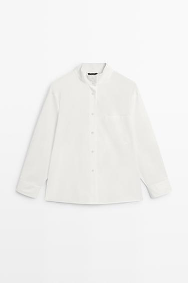 Poplin shirt with stand collar and pocket detail — WHITE 2