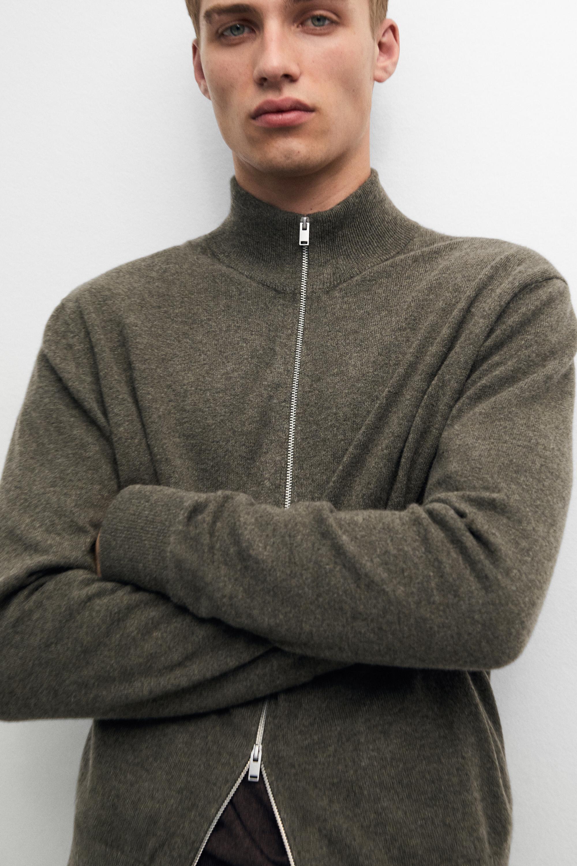 100% cashmere zip-up knit cardigan — GREENISH