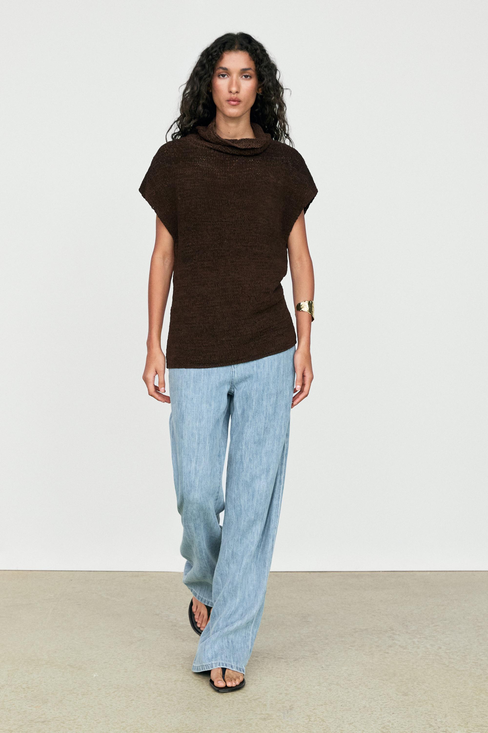 Suede leather knit top — BROWN