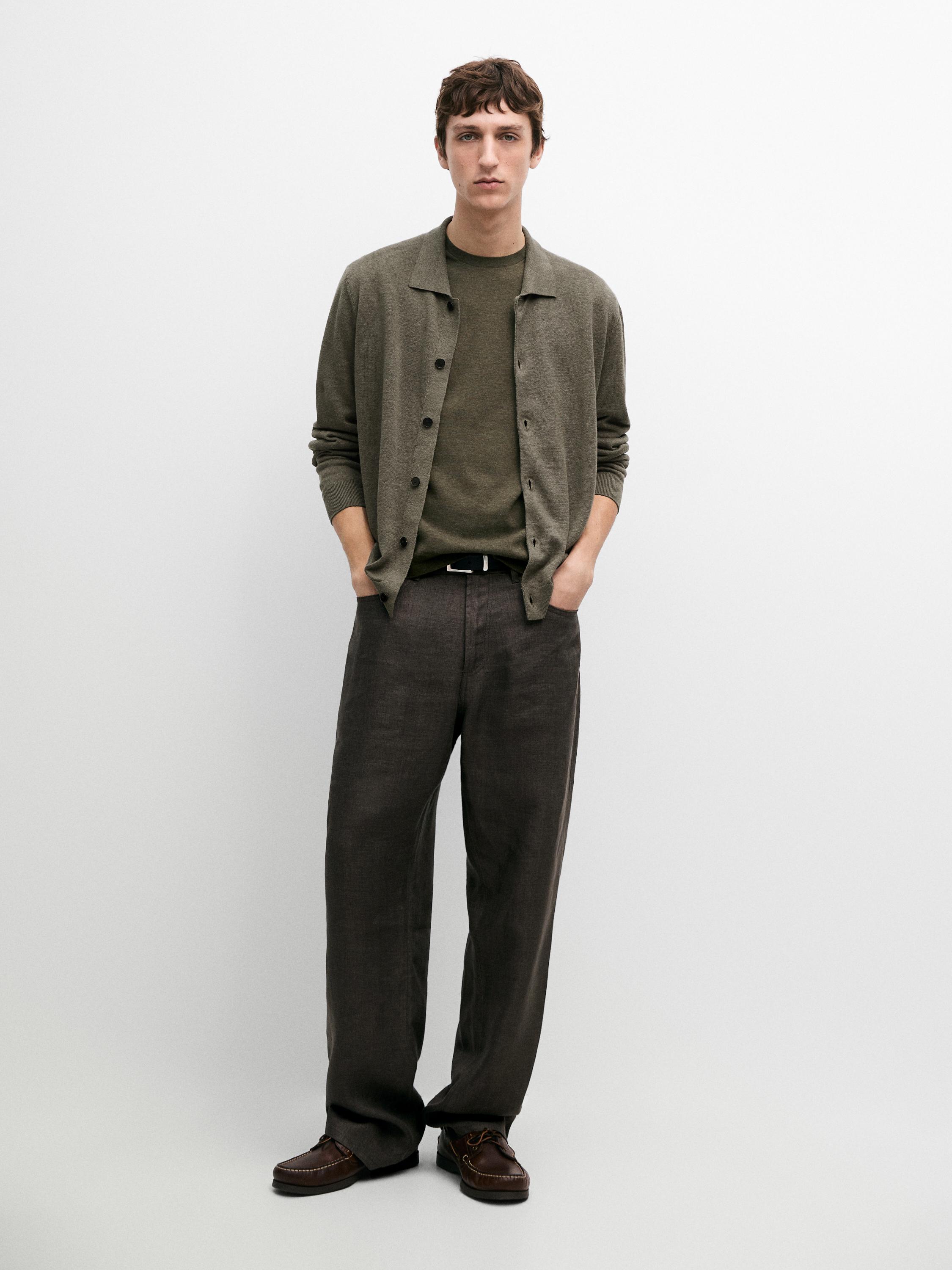 Linen knit cardigan with buttons — PALE KHAKI