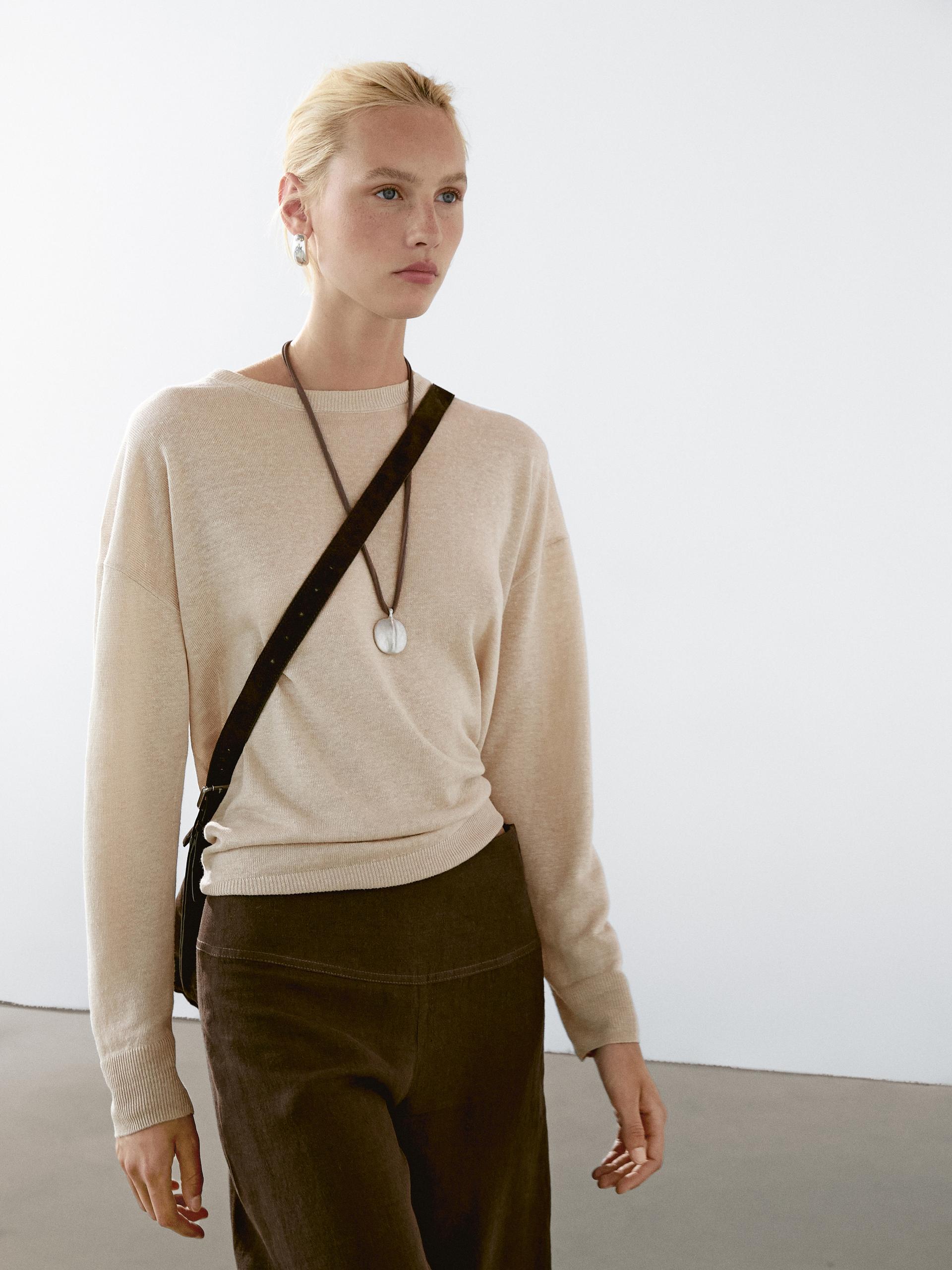 Massimo Dutti 100% Linen Oversize Knit Sweater In Neutral