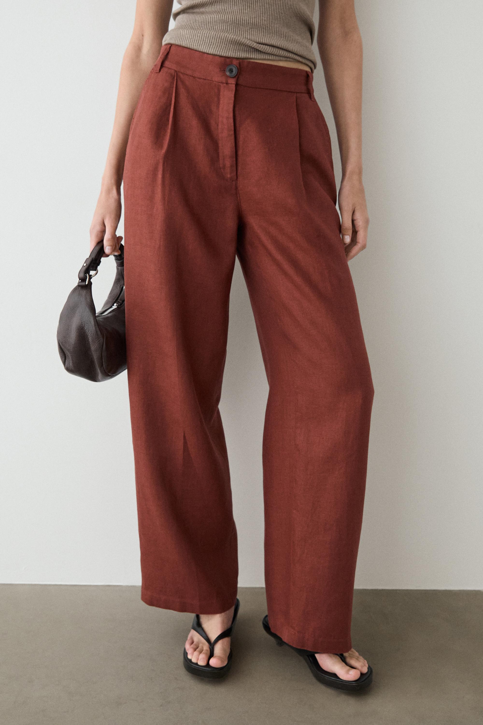 100% linen wide-leg elasticated trousers — Orange