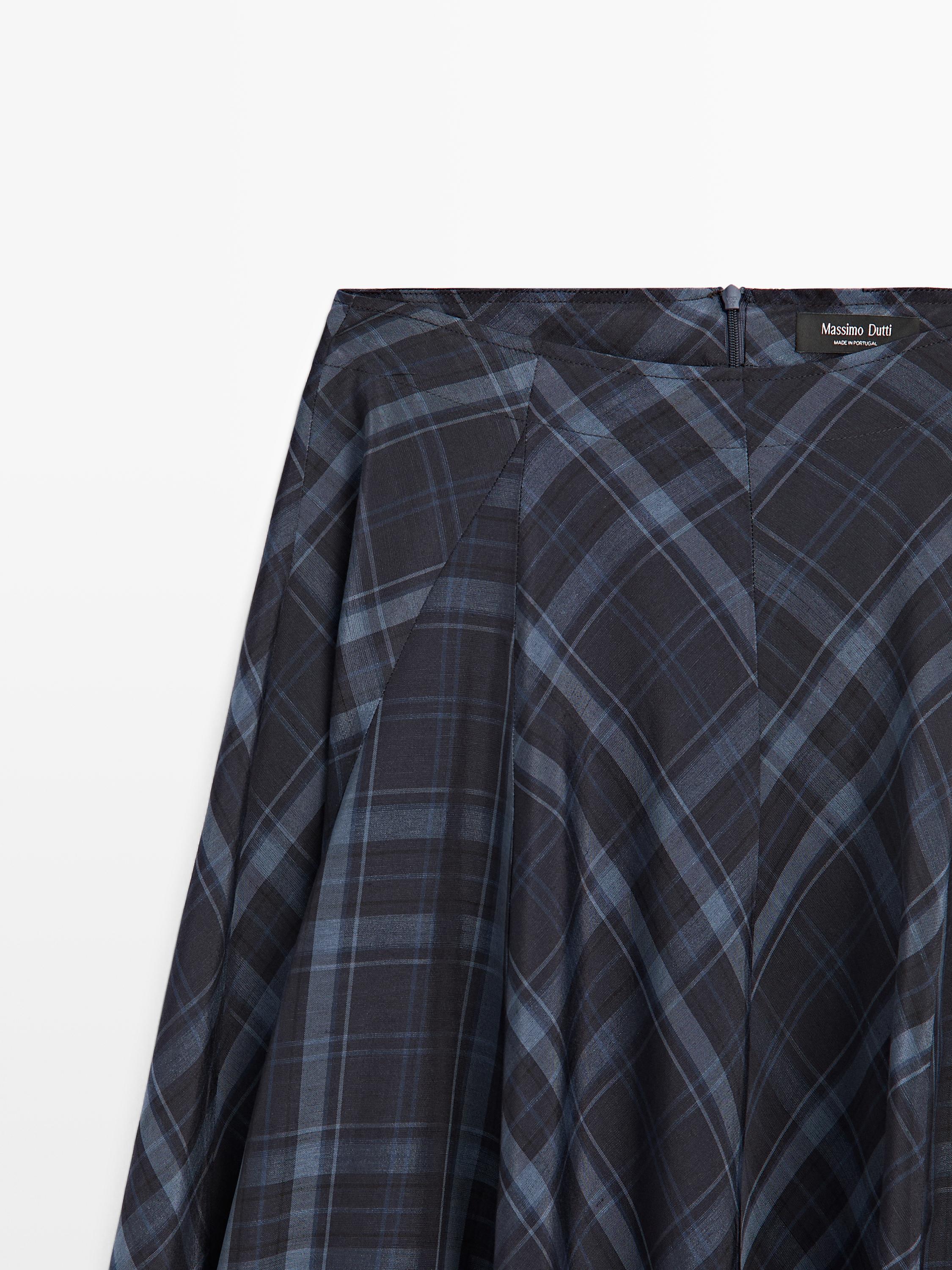 Check print flowing godet skirt — BLUE