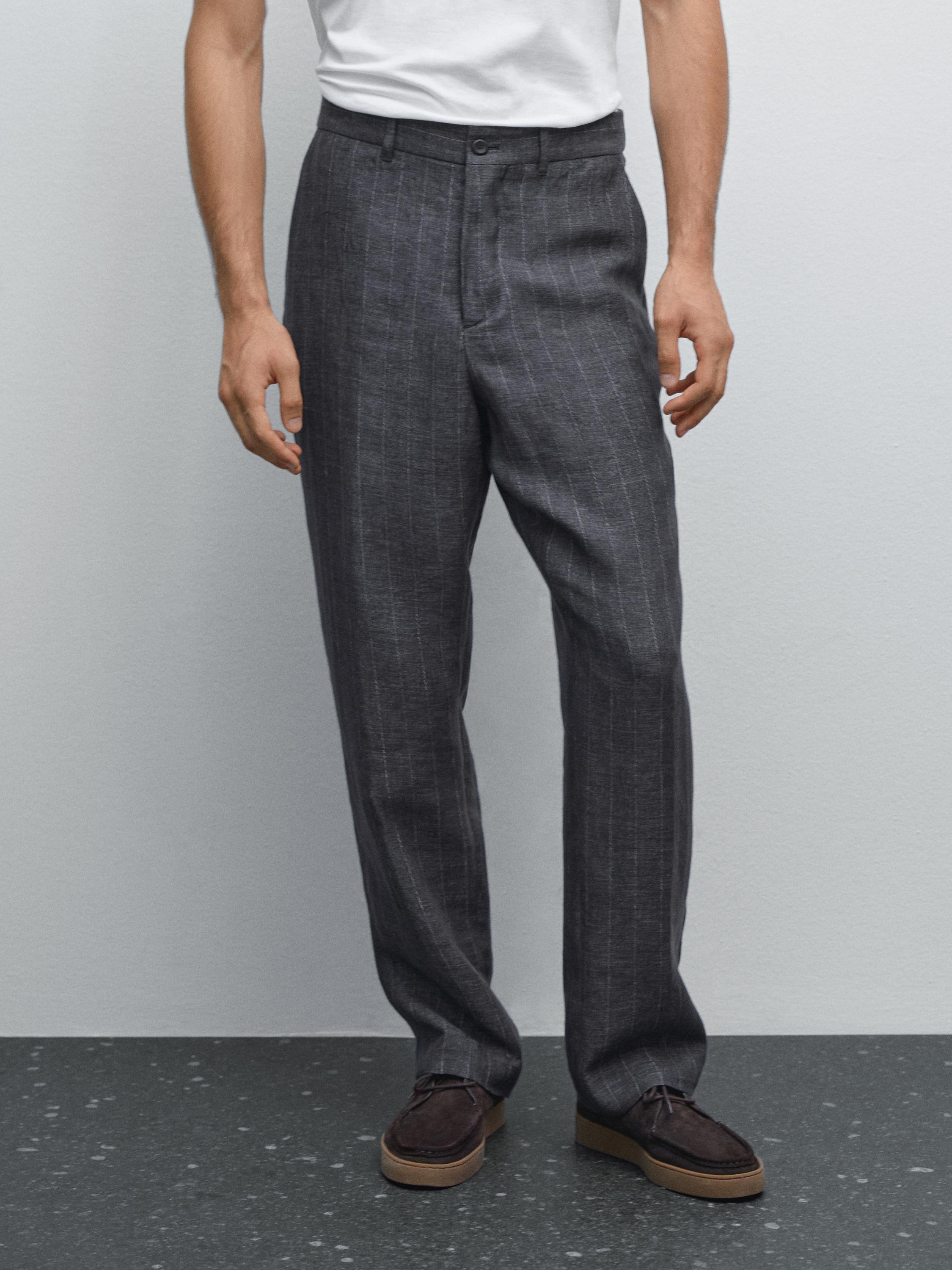 Faded 100% linen striped trousers