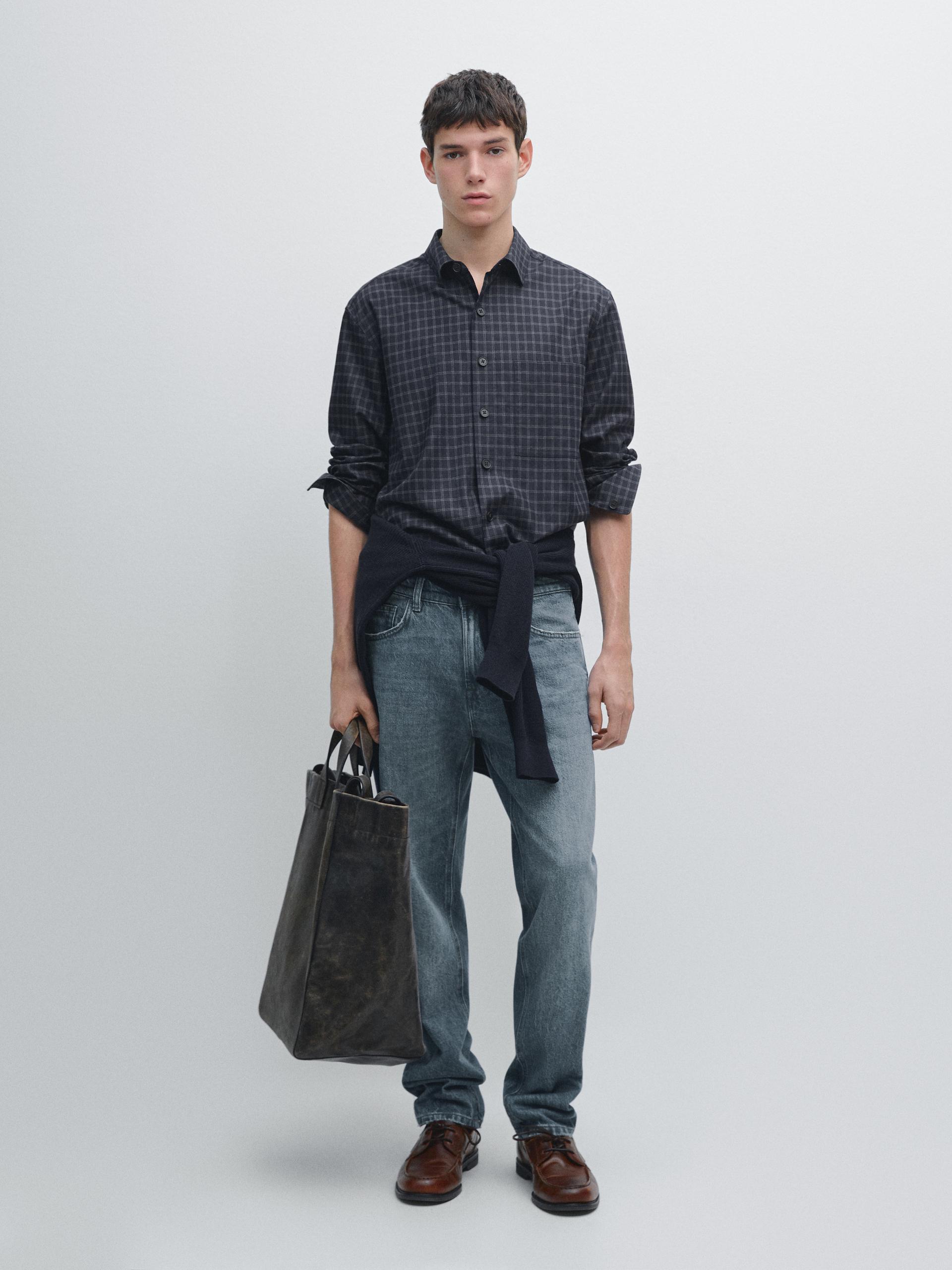 Chemise À Carreaux Relaxed Fit - Bleu Marine - M - Massimo Dutti - Homme