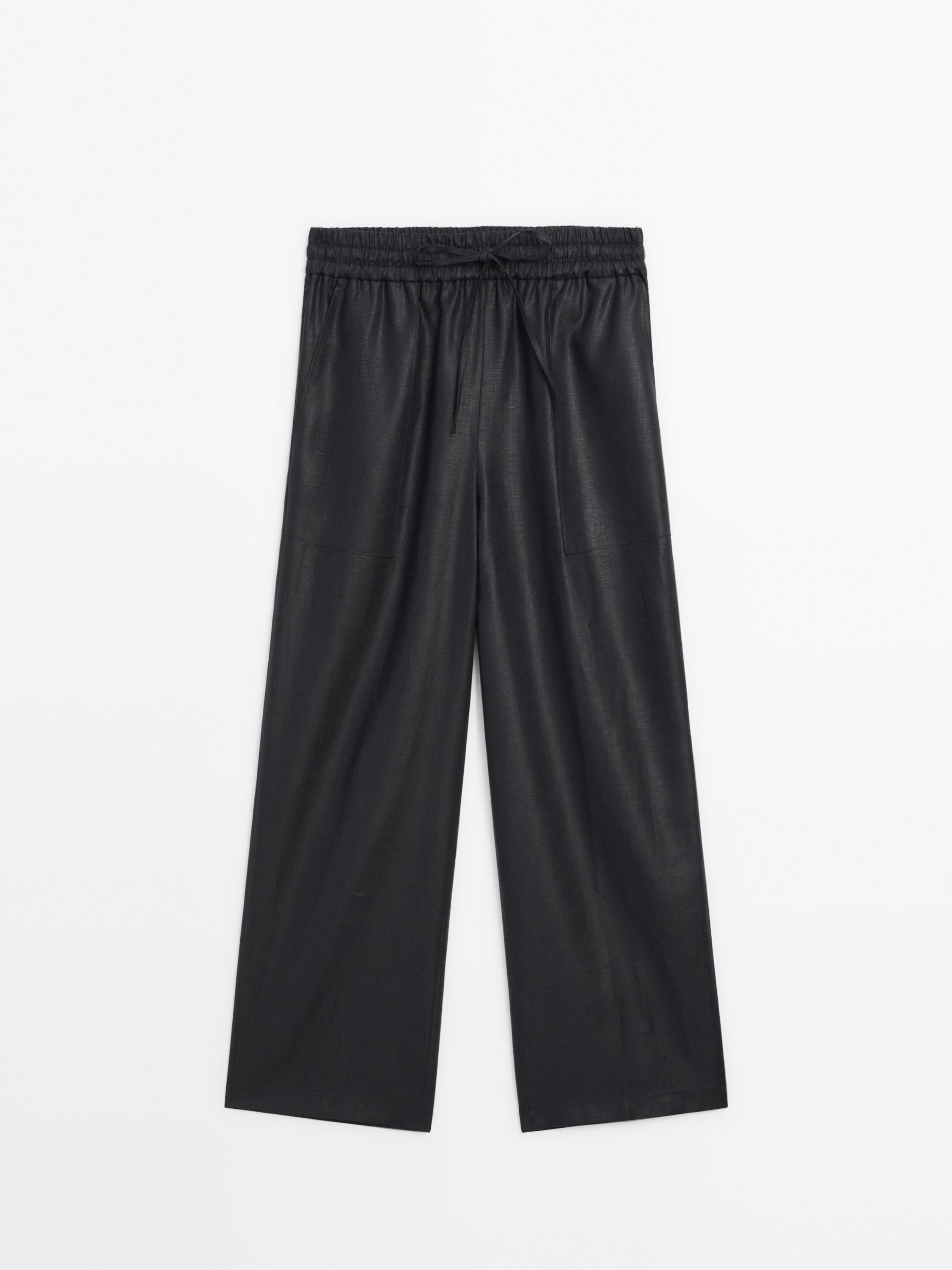 Waxed 100% linen wide-leg jogger trousers