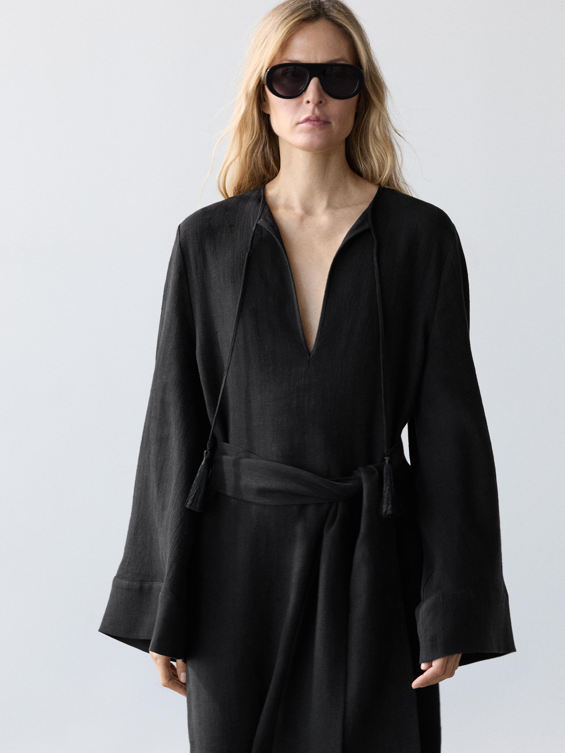 Robe midi 100 % lin à détails noués