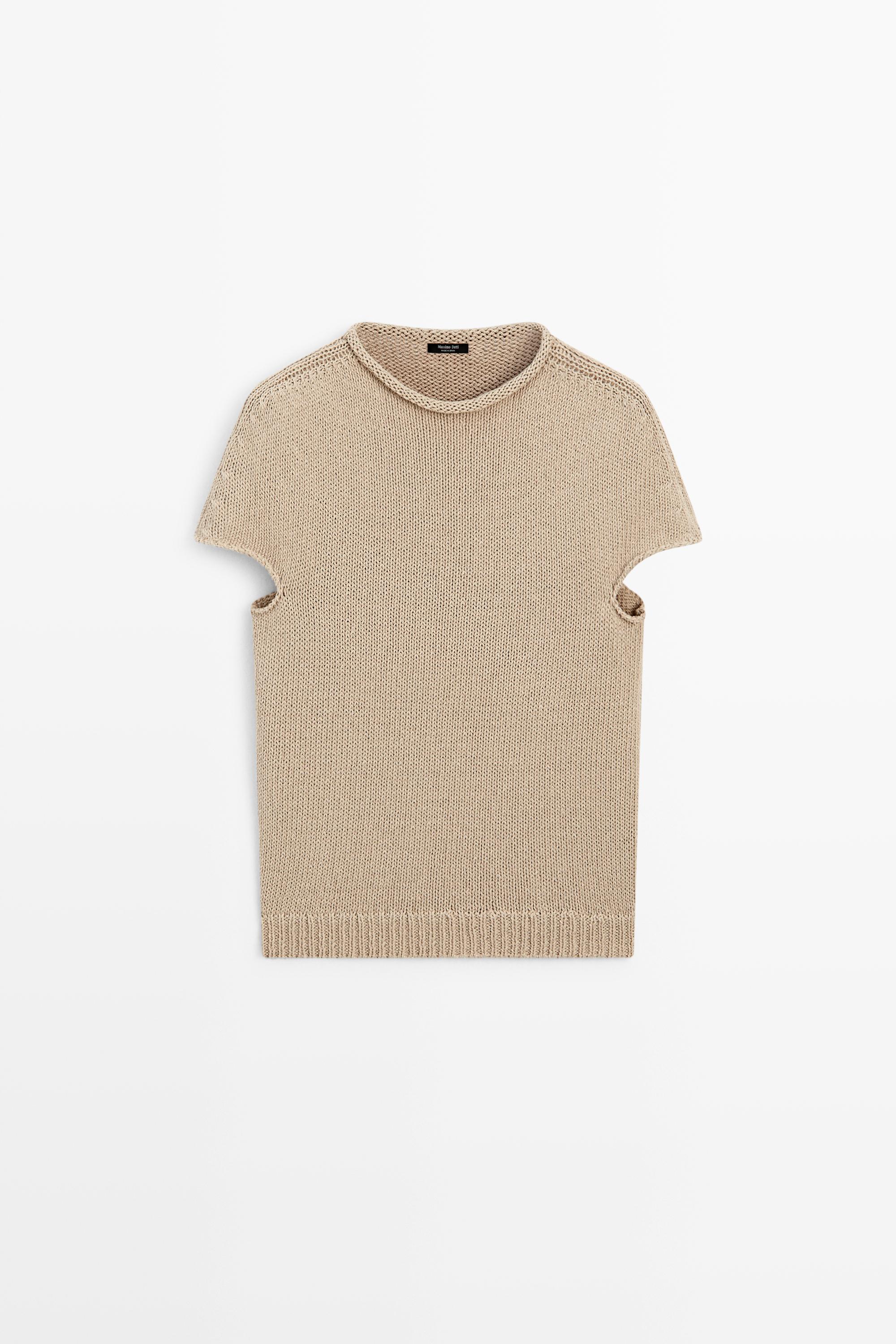 Cotton blend short sleeve rolled-neck sweater — BEIGE