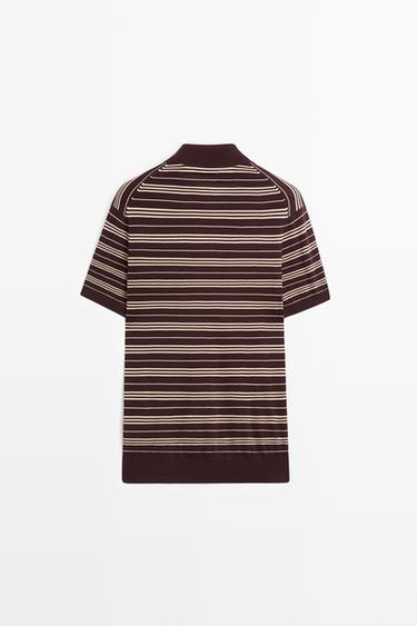 100% Cotton Striped Knit Polo Sweater — BURGUNDY 6