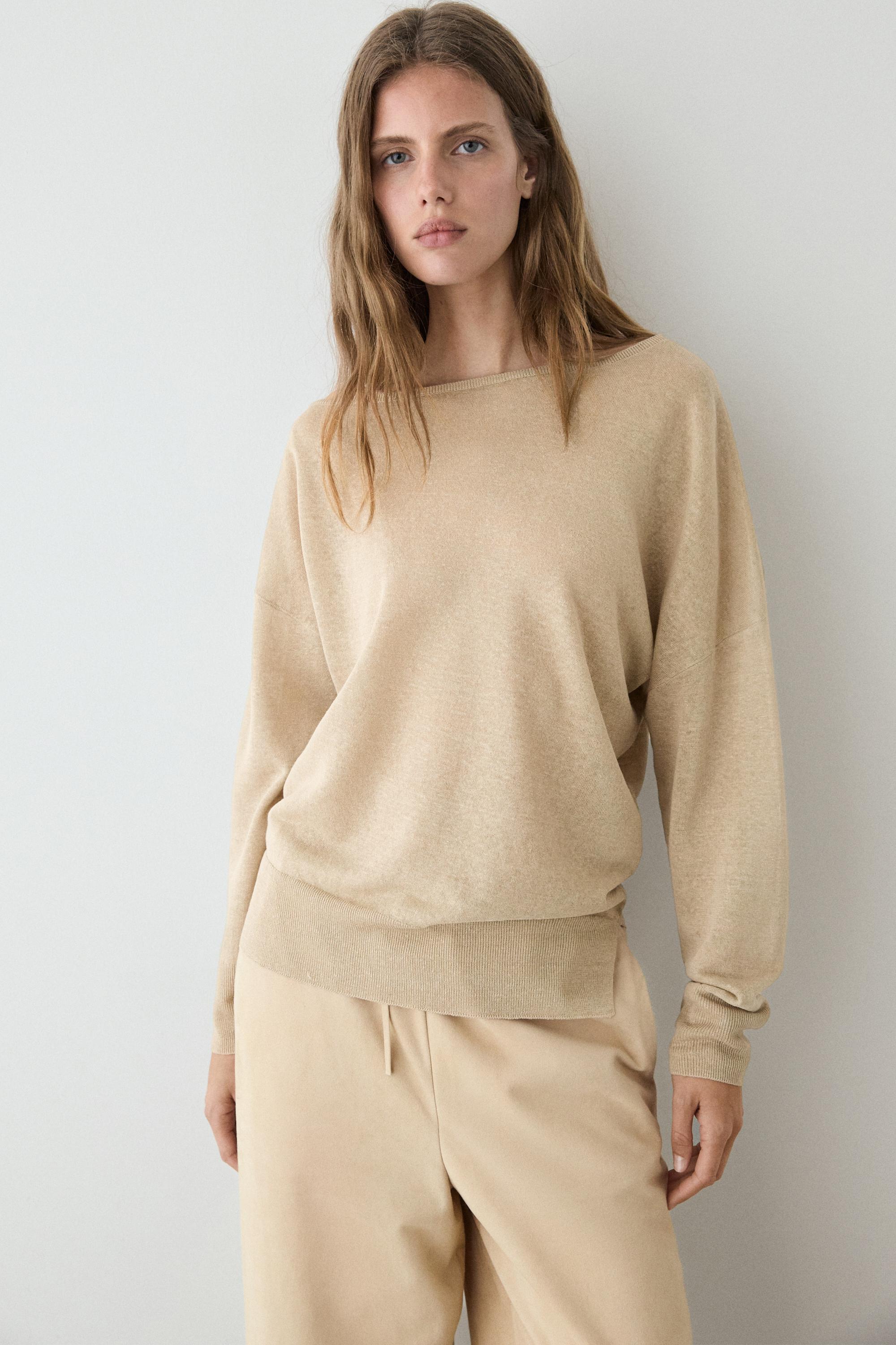 Flowing 100% linen off-the-shoulder sweater — TAUPE GREY