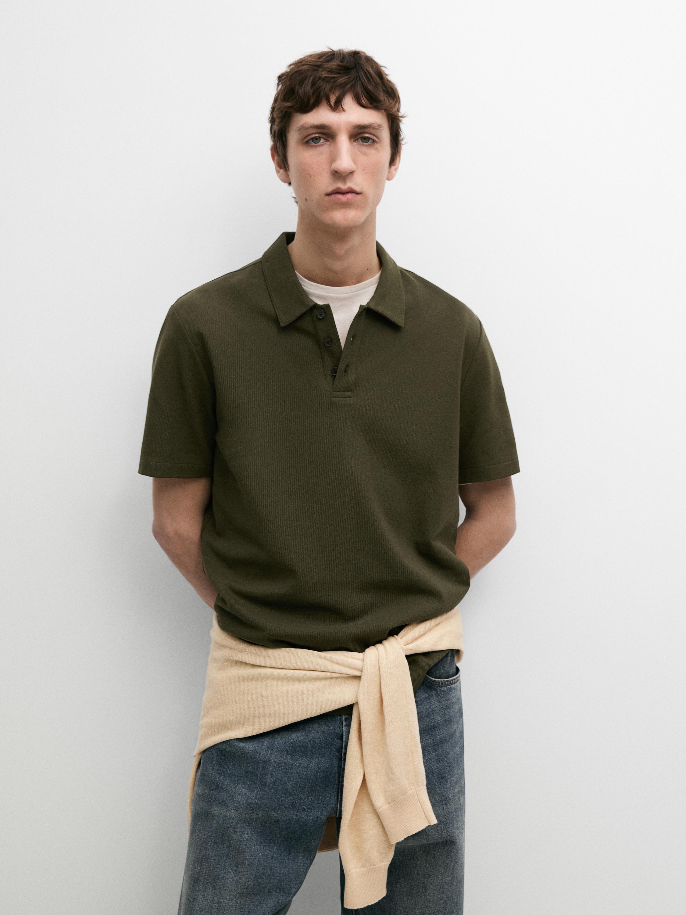 Micro-textured cotton blend polo shirt
