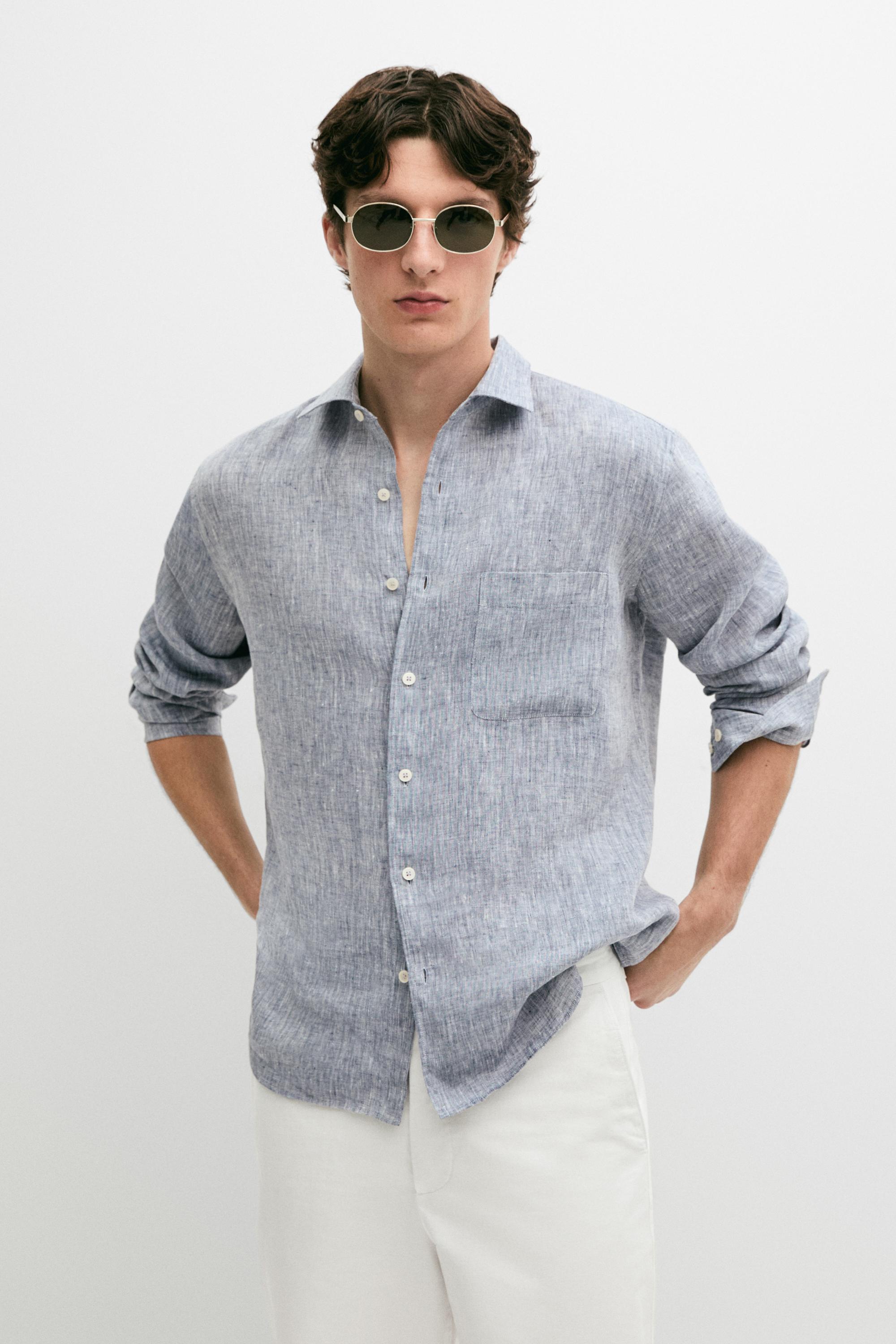 Regular fit linen shirt with pocket — BLUE