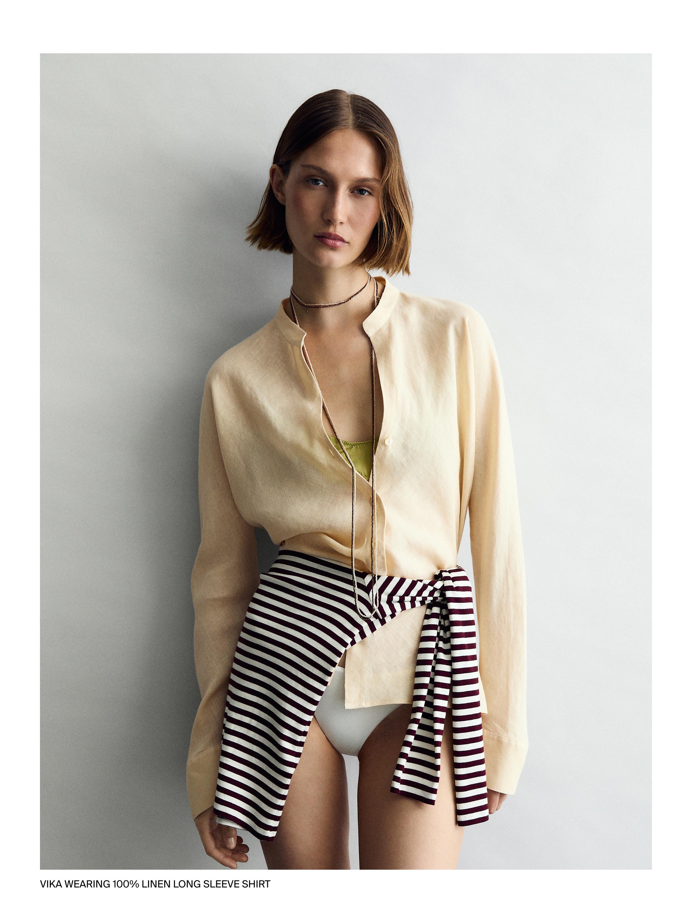 Flowing linen shirt with stand collar