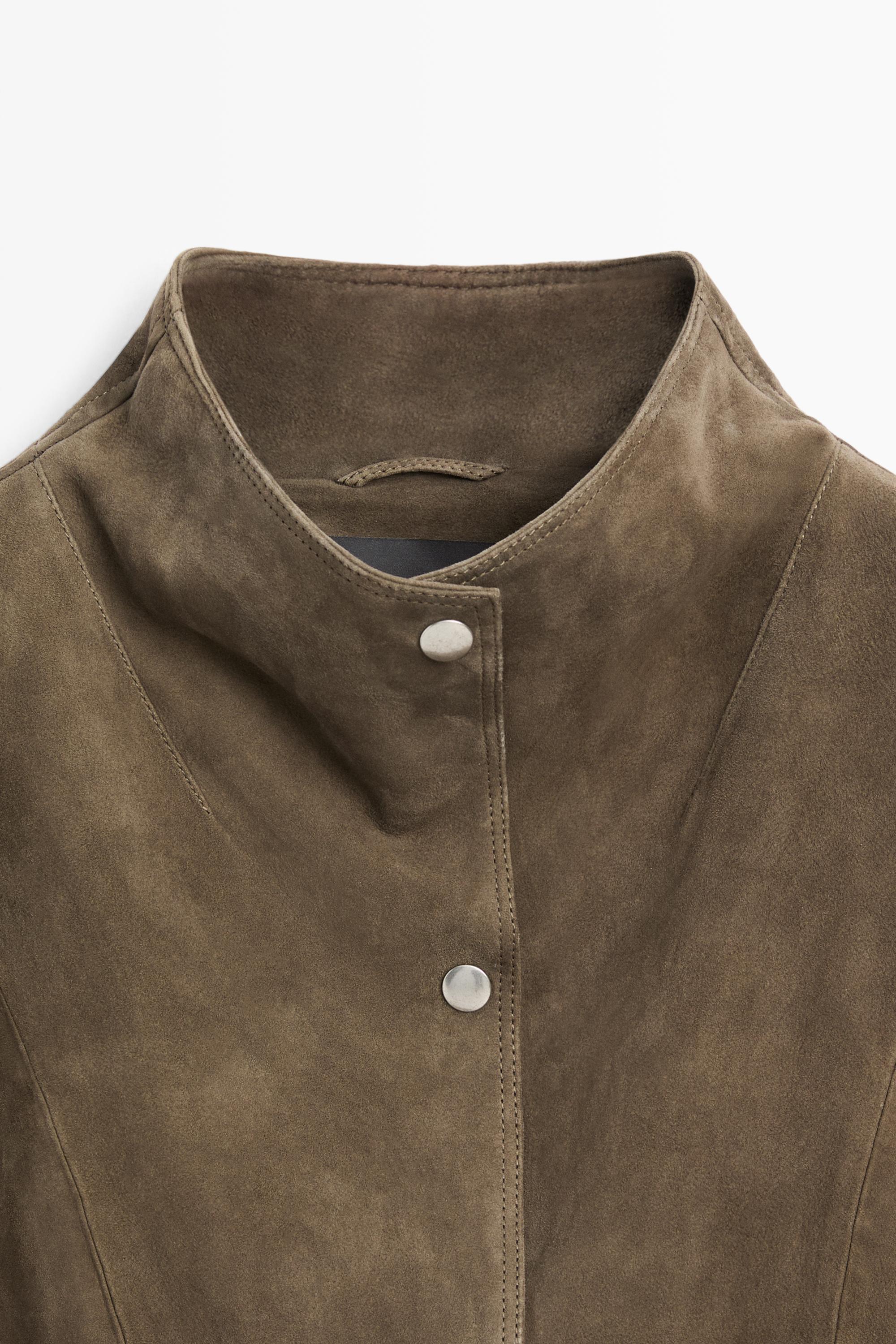 Suede leather high neck jacket — KHAKI