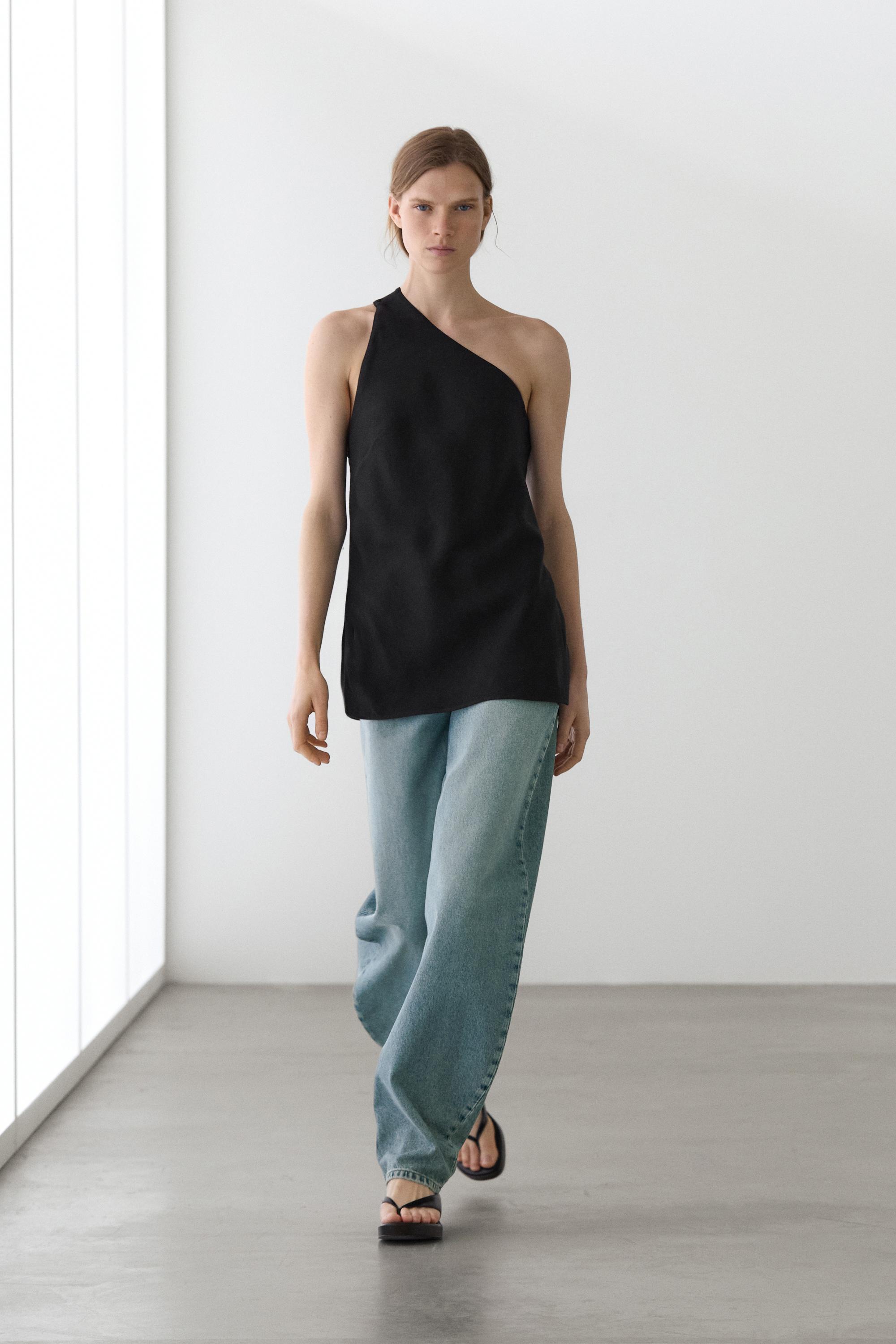 Asymmetric linen blend top with back detail — BLACK
