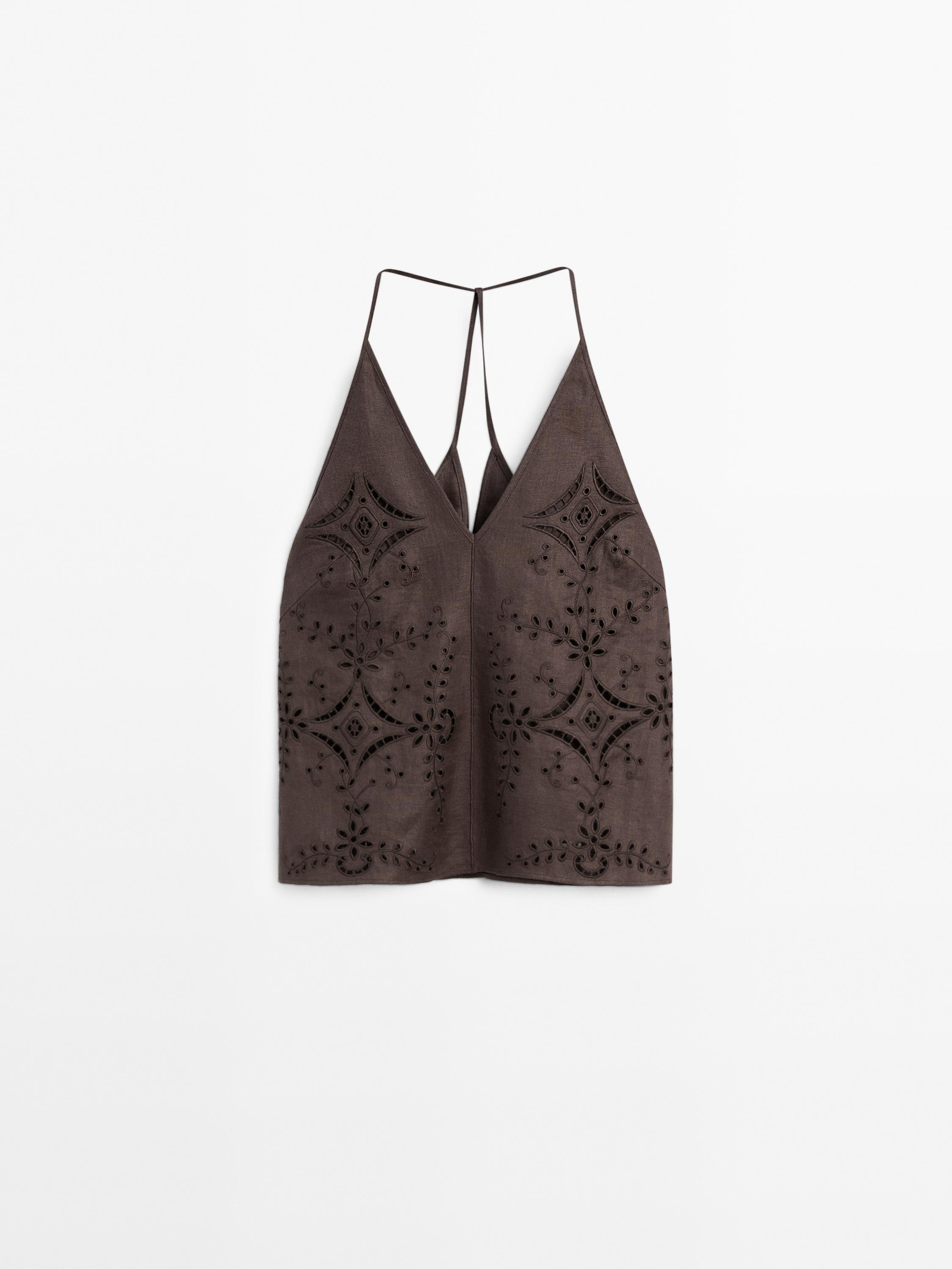 Top com bordados em mistura de linho