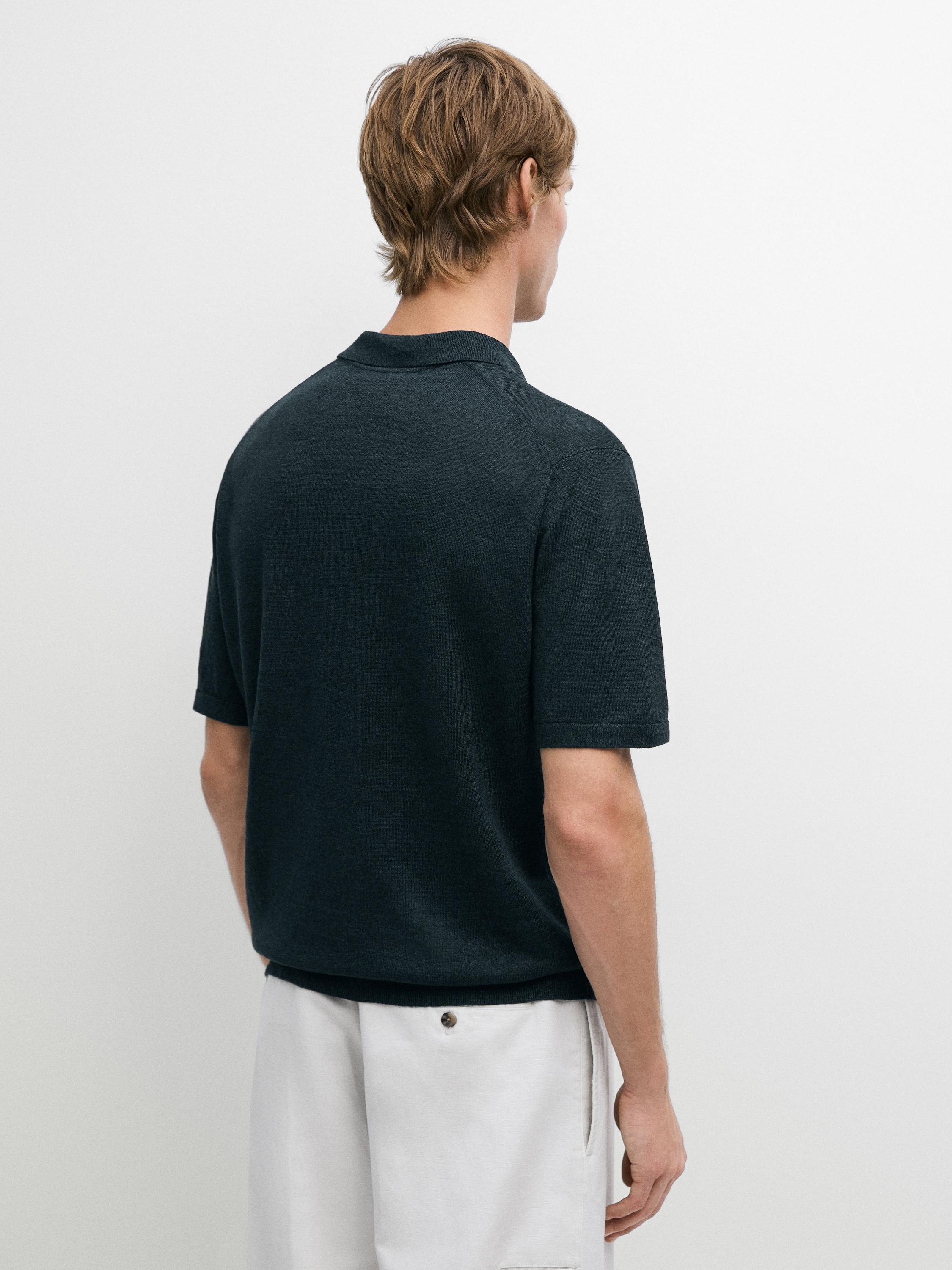 Linen V-neck polo sweater — NAVY BLUE