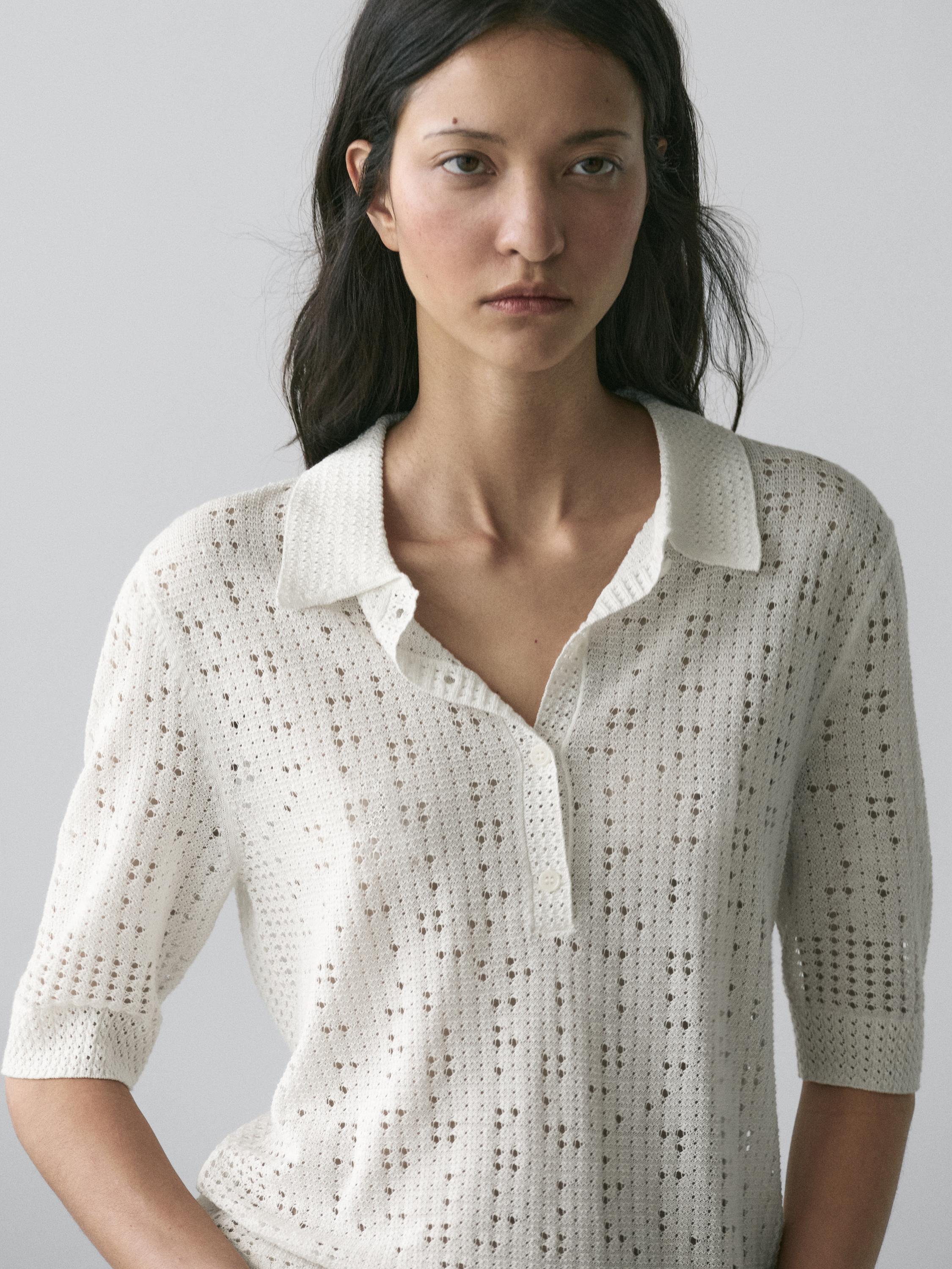 Knit sweater with a polo collar — CREAM