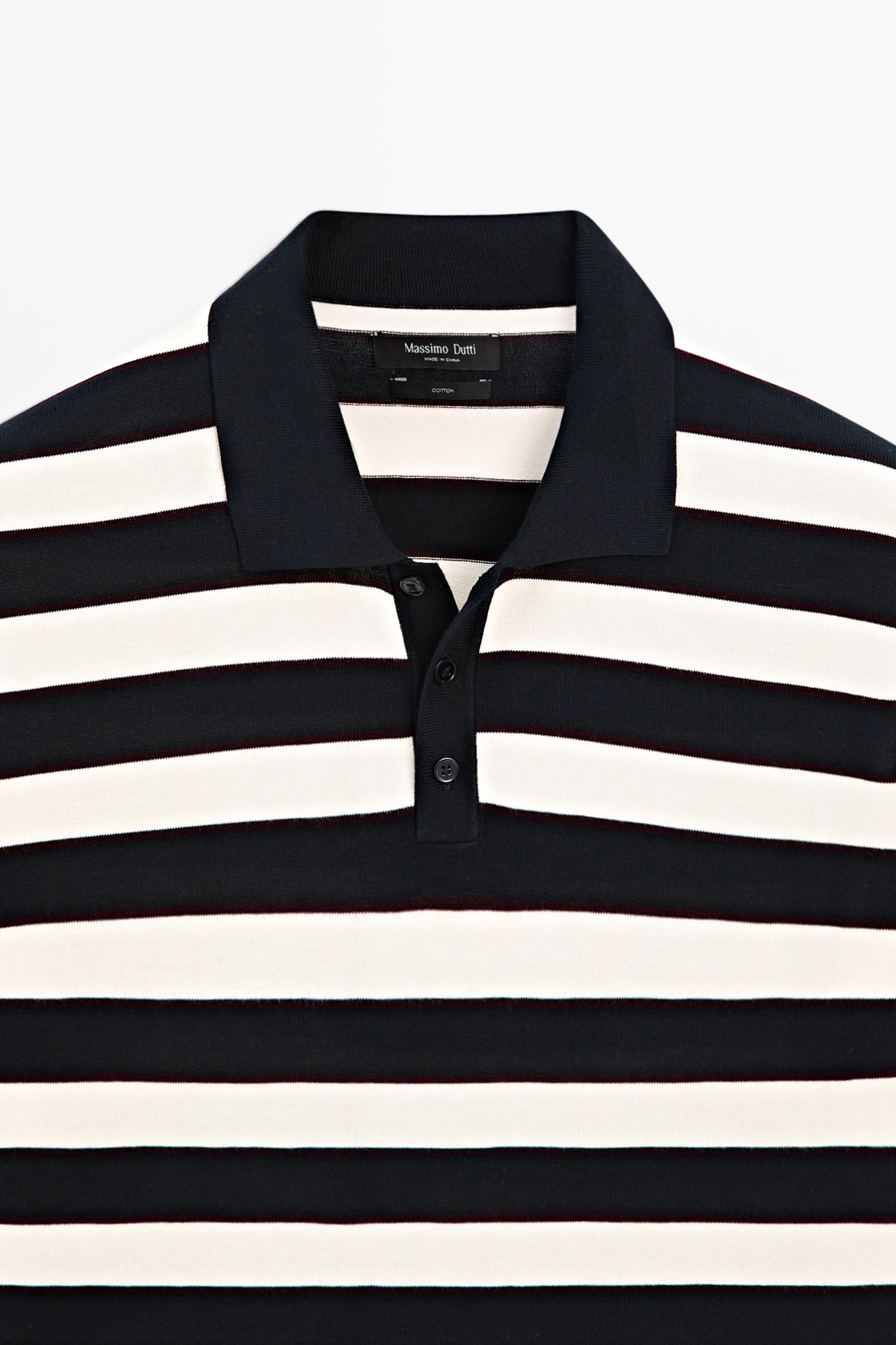 100% cotton striped knit polo shirt — NAVY BLUE