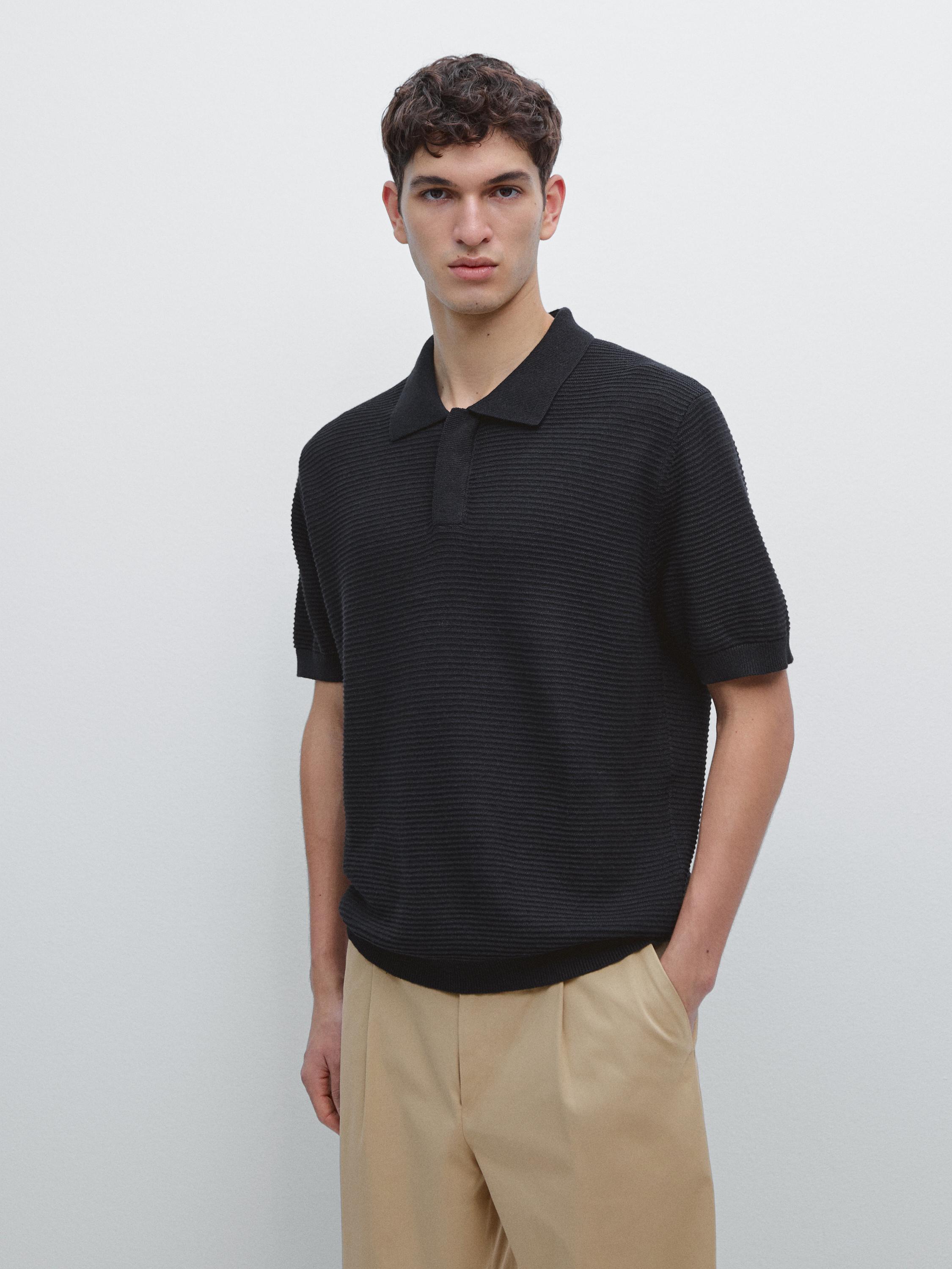 Linen and cotton blend knit polo shirt with short sleeves
