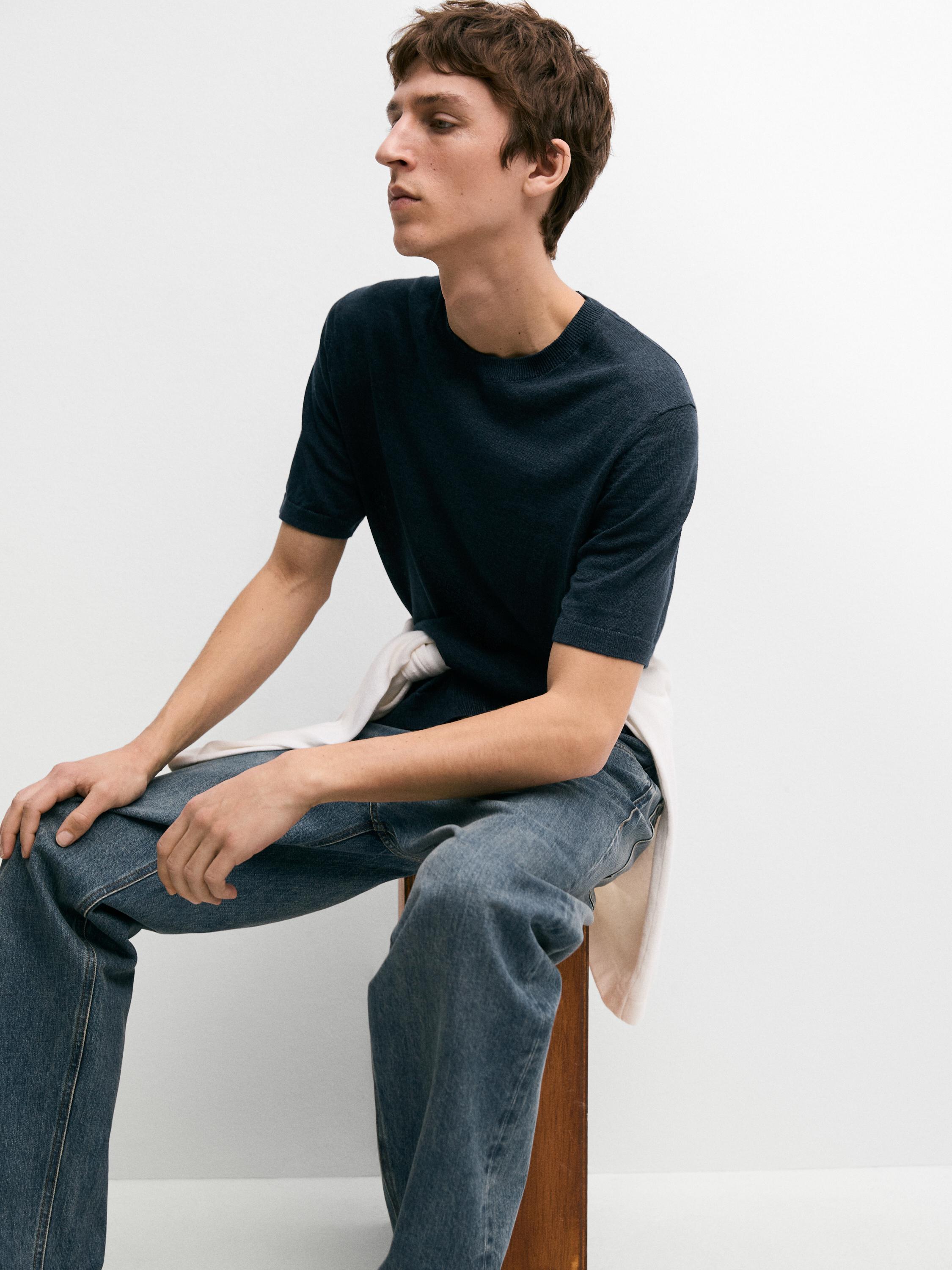 Lightweight 100% linen knit T-shirt — NAVY BLUE