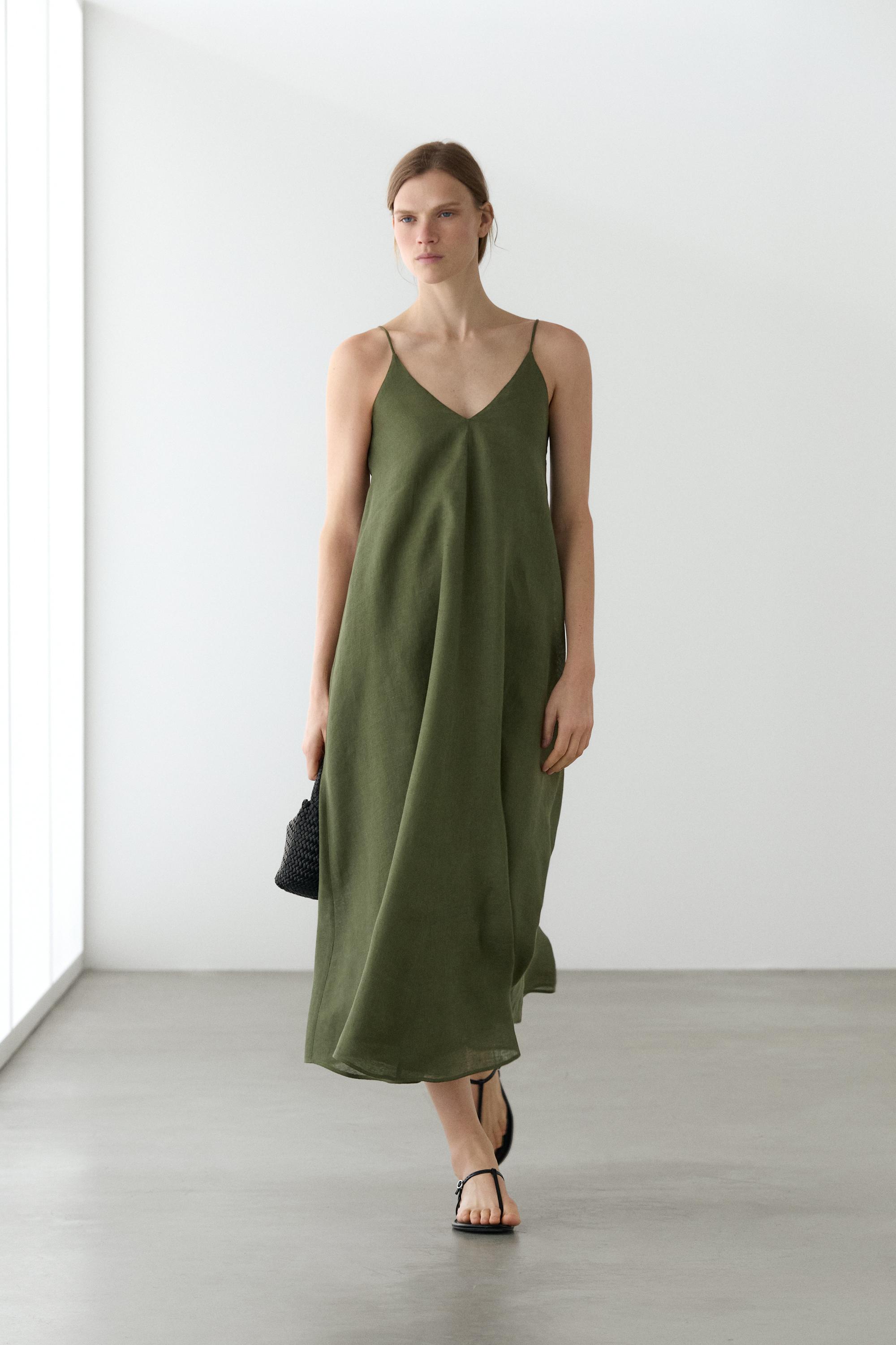 Flowing Midi Dress With Thin Straps - Green - 2 - Massimo Dutti - Women Flowing Midi Dress With Thin Straps - Green - 2 - Massimo Dutti - Women