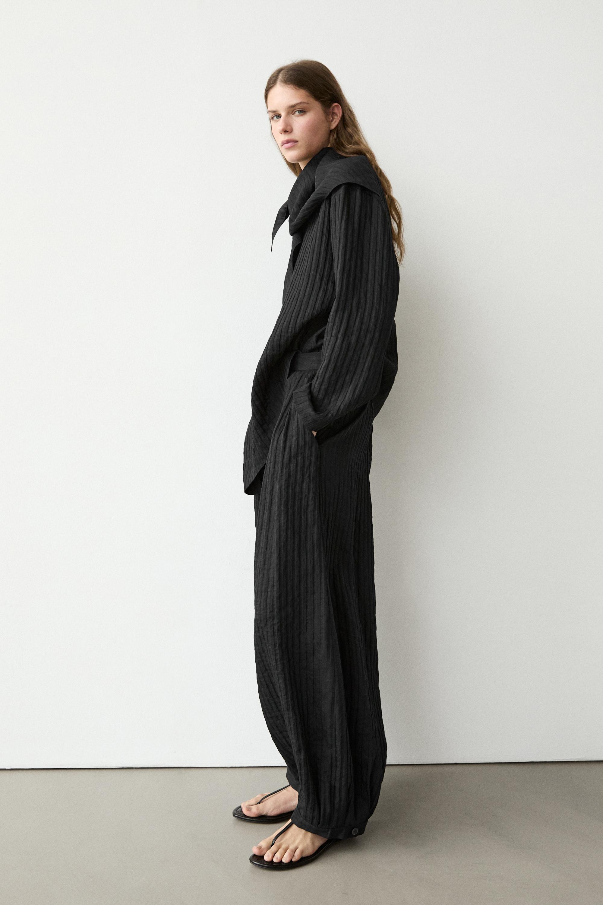 Flowing linen-blend drop crotch pants — BLACK