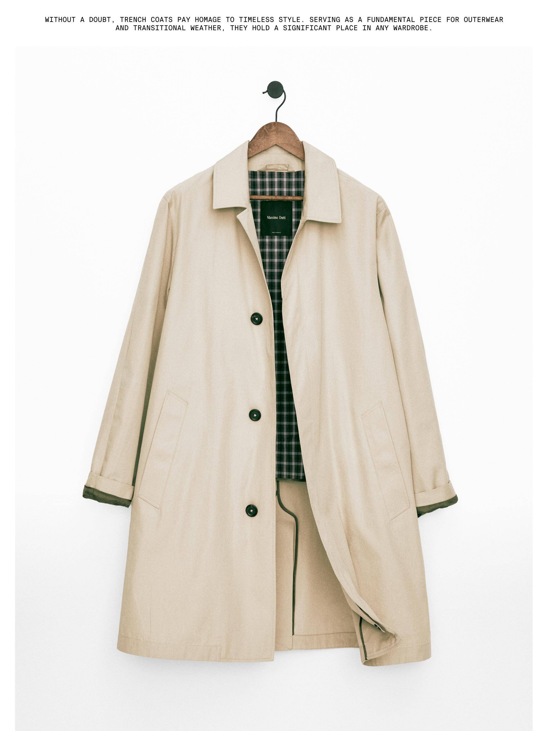 Check cotton trench coat with interior detail — BEIGE