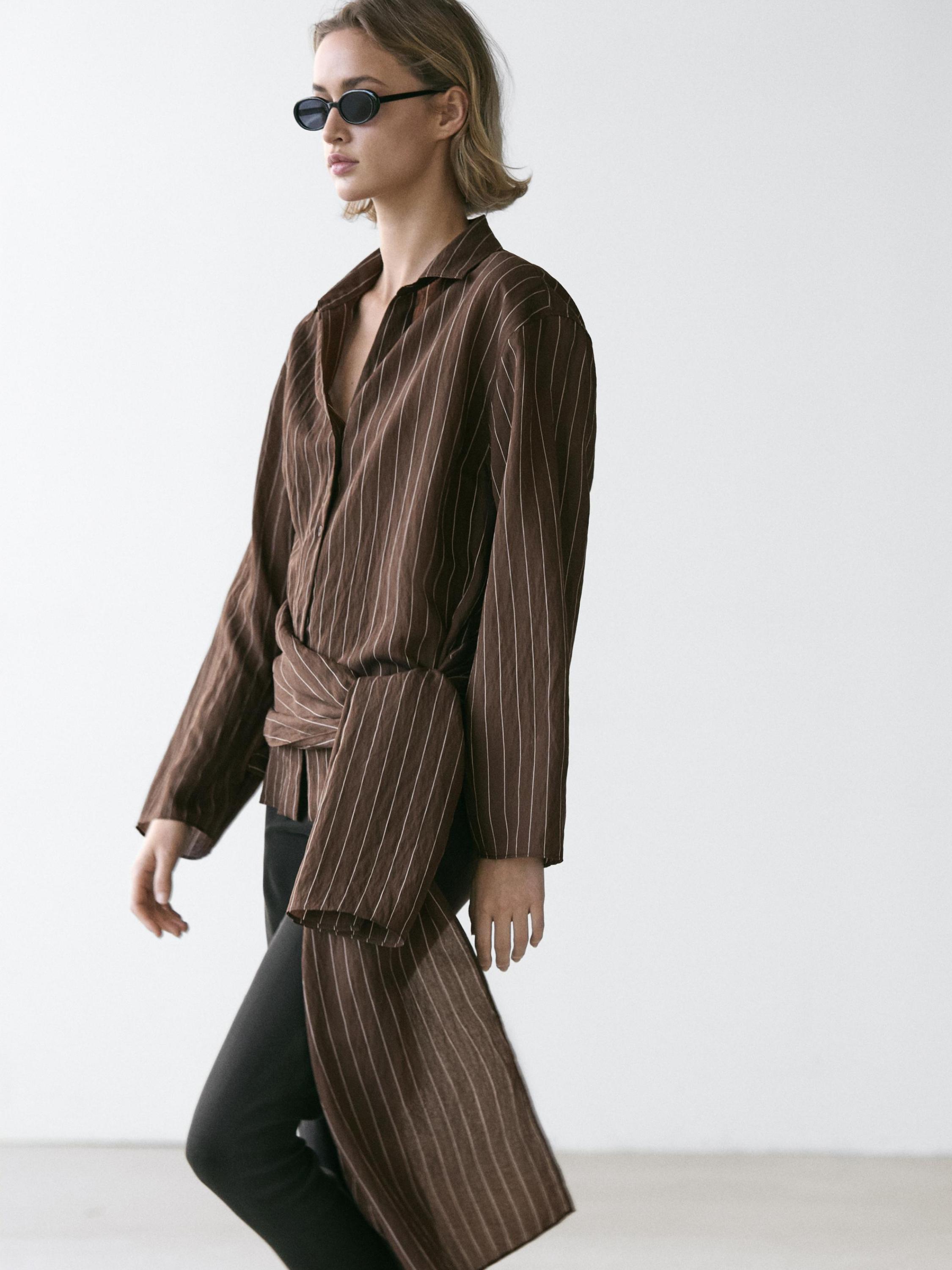 Striped shirt with scarf detail — BROWN