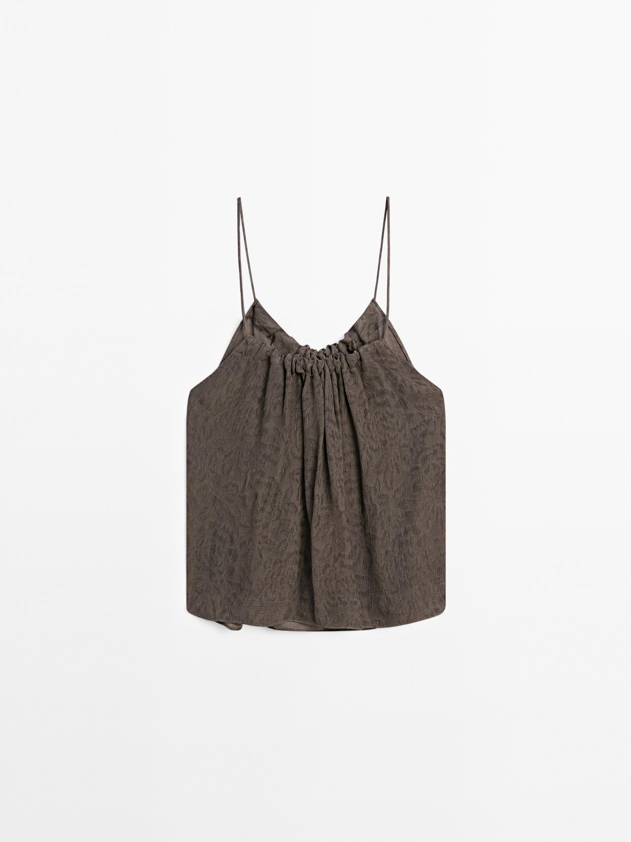 Massimo Dutti - Dame - Jacquardvævet Top Med Stropper Og Blødt Fald - Brun - M