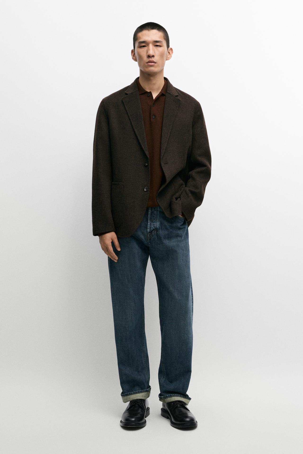 Houndstooth wool blend blazer — BROWN