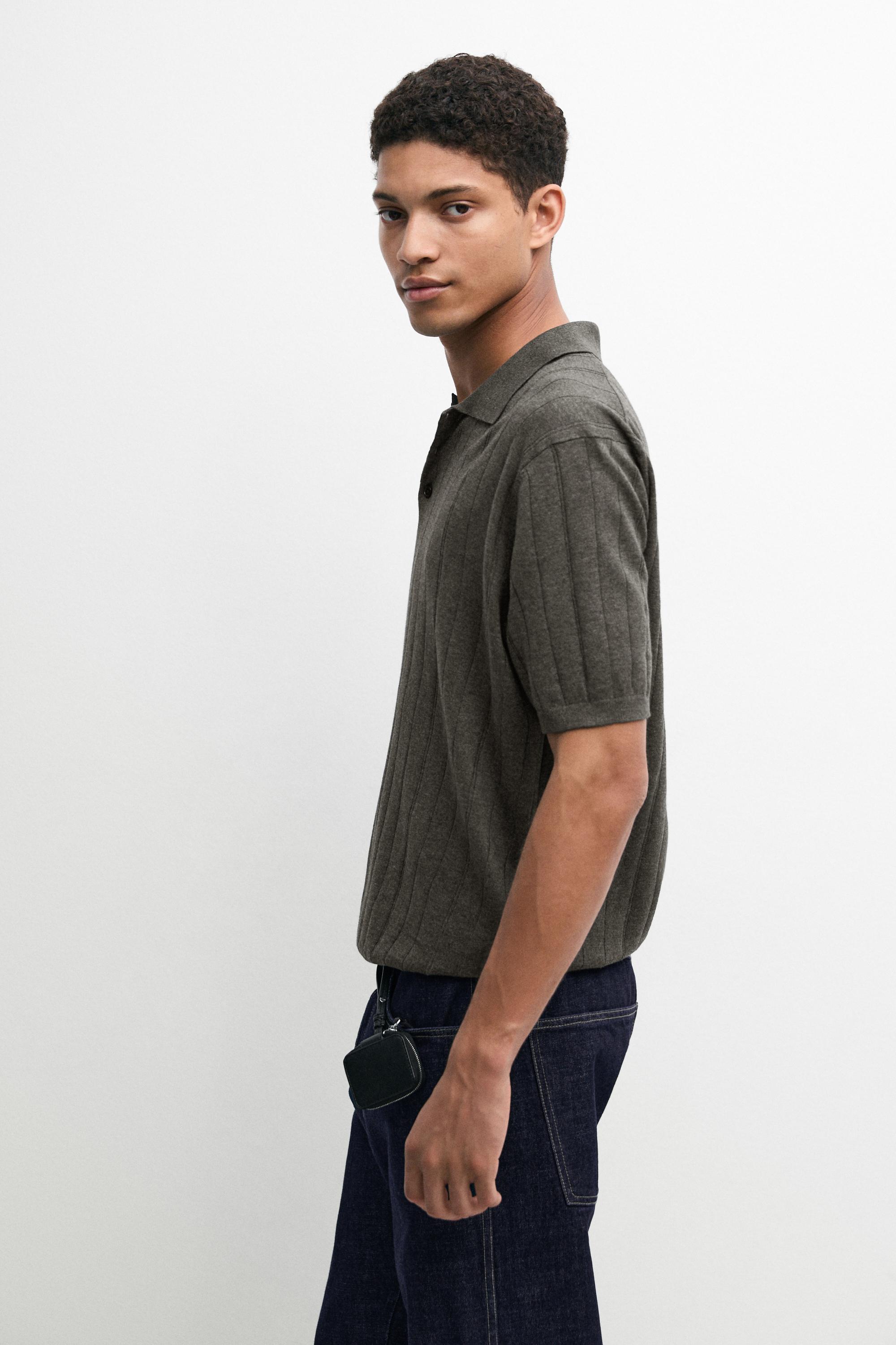 Knit cotton blend polo shirt with short sleeves — CHARCOAL