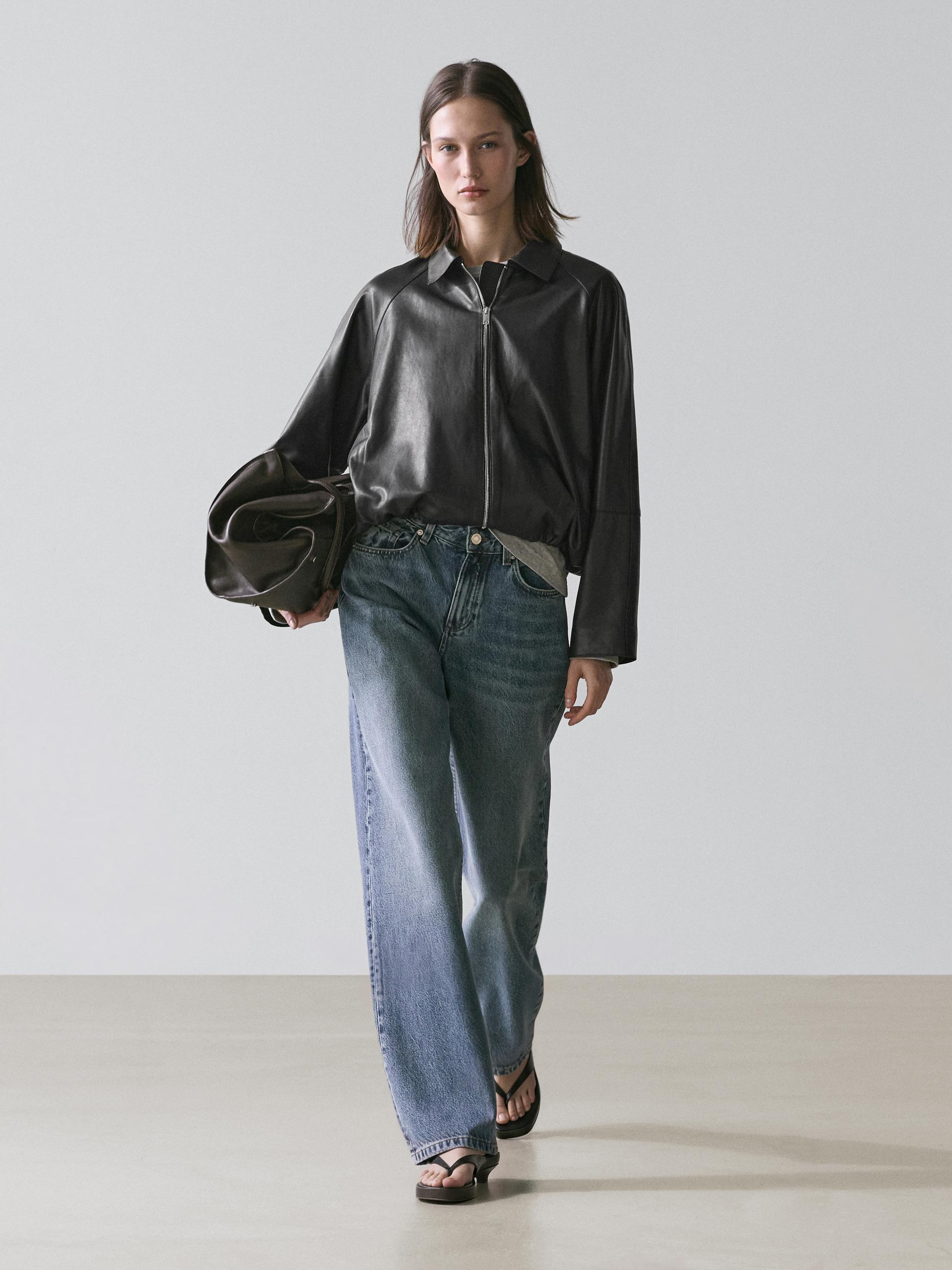 Blouson Oversize En Cuir Nappa - Noir - M - Massimo Dutti - Femme