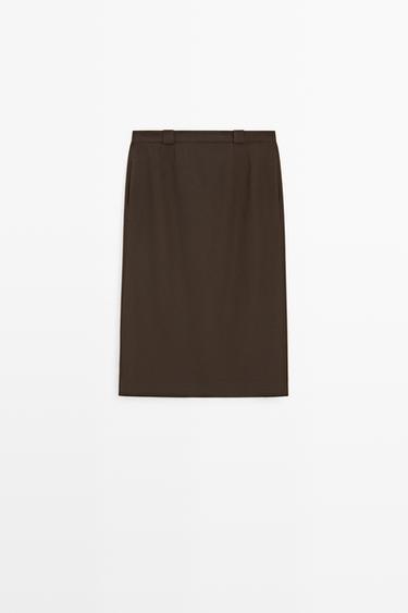 Straight wool blend midi skirt — BROWN 2