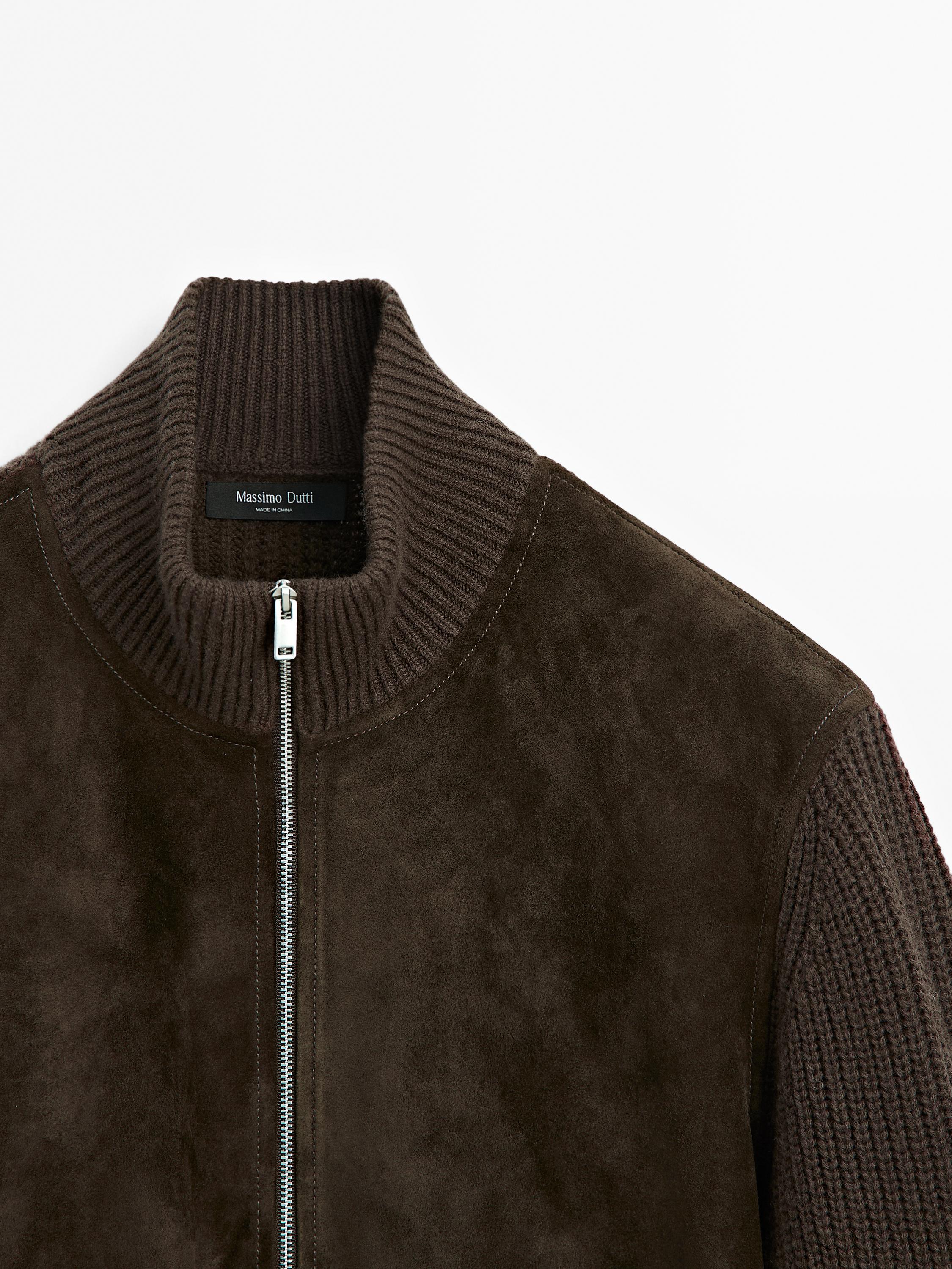 Contrast knit suede leather jacket