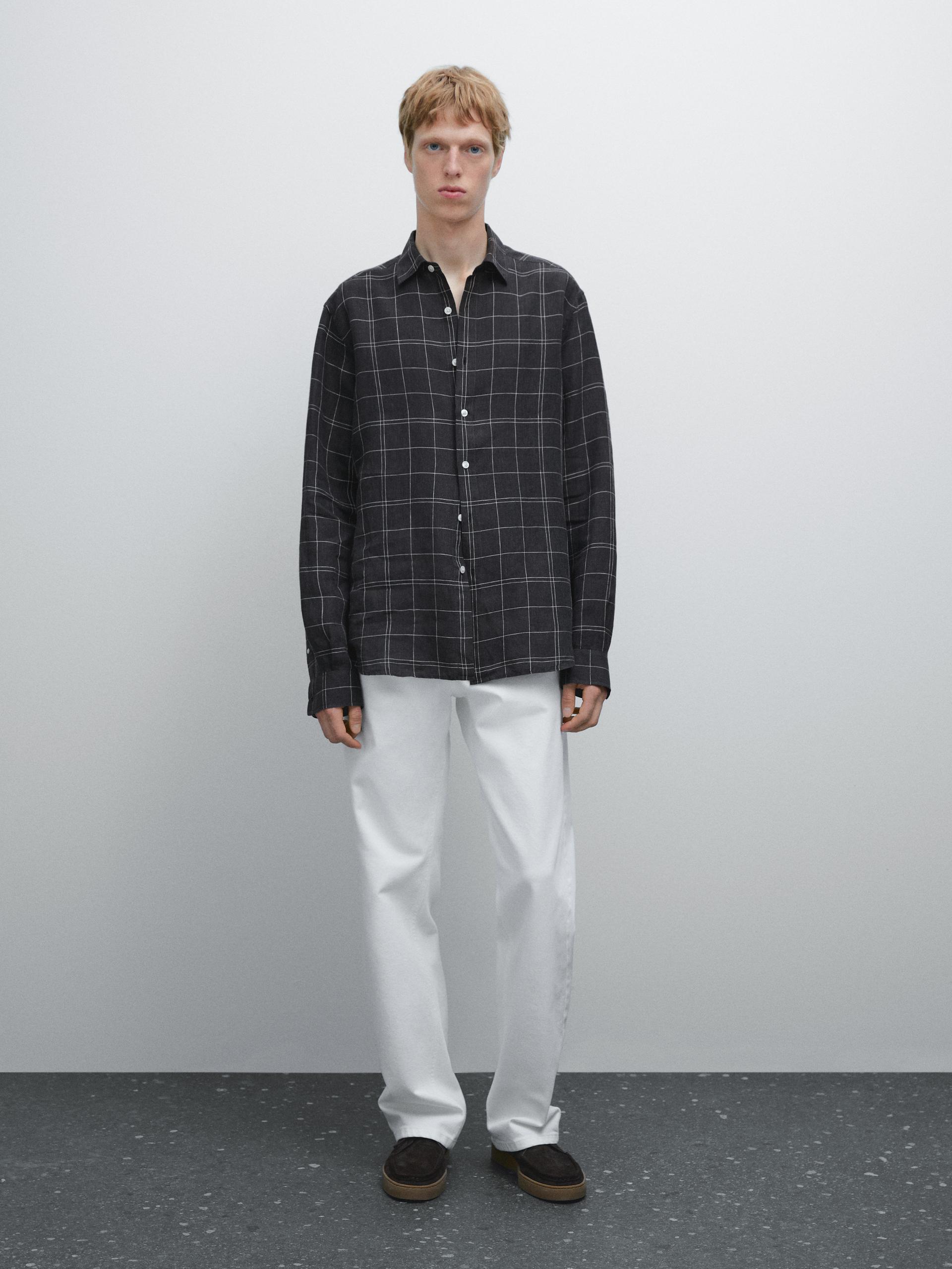 Chemise À Carreaux Regular Fit 100 % Lin - Bleu Marine - L - Massimo Dutti - Homme