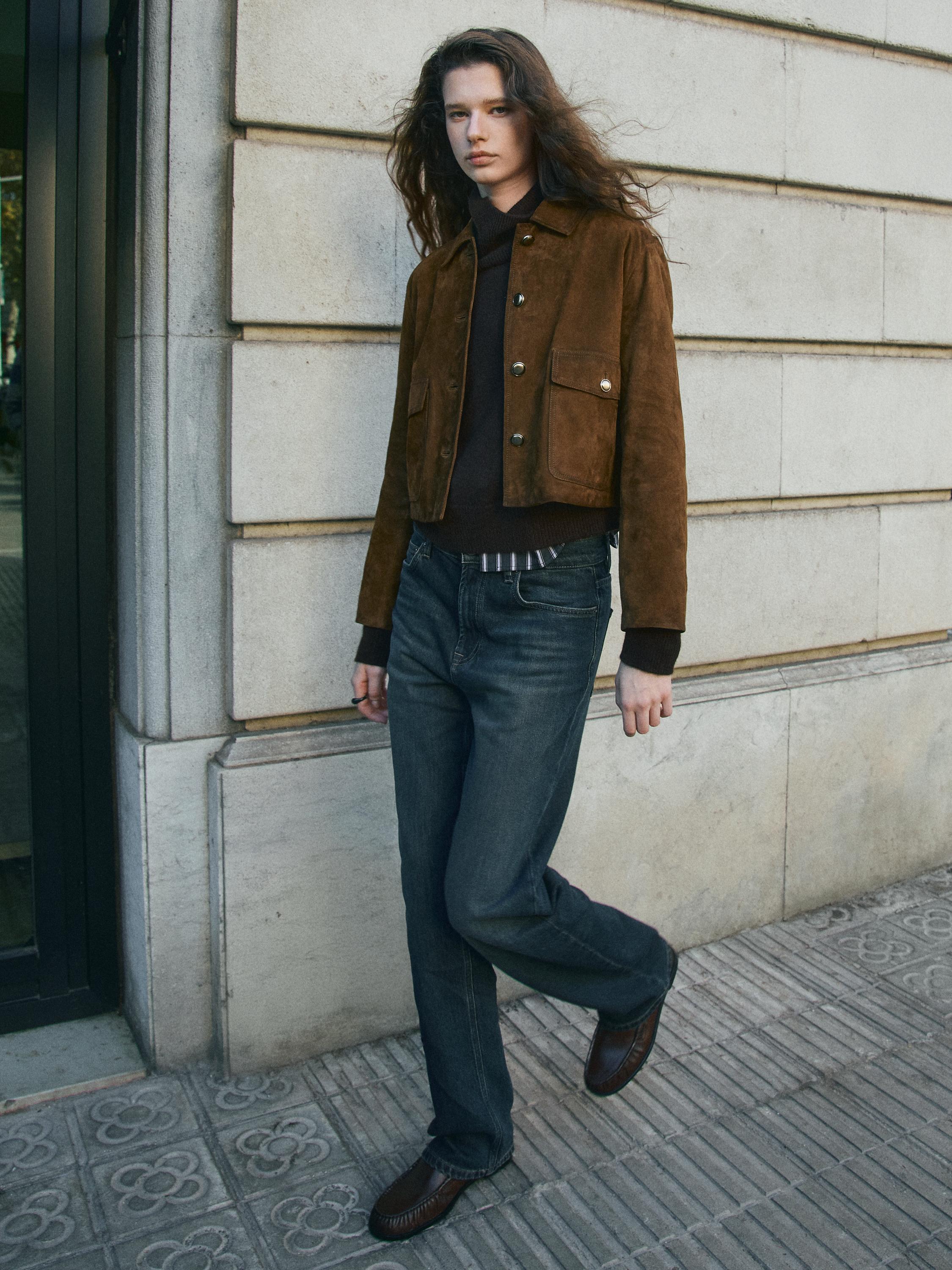 Suede leather jacket with gold-toned buttons