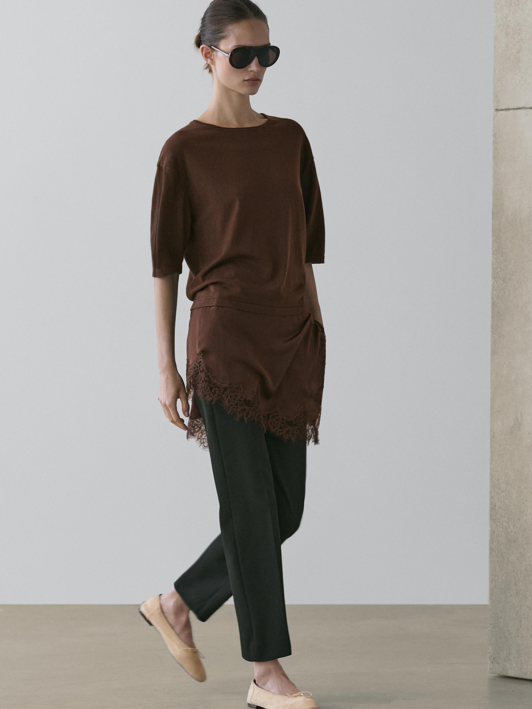 Sweater with contrast lace detail — BROWN