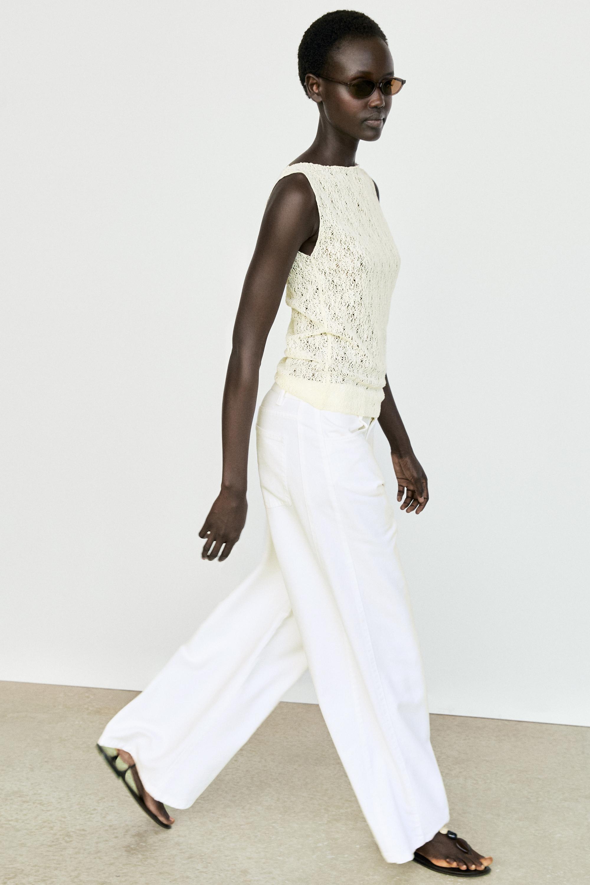 Sleeveless open-knit top — CREAM