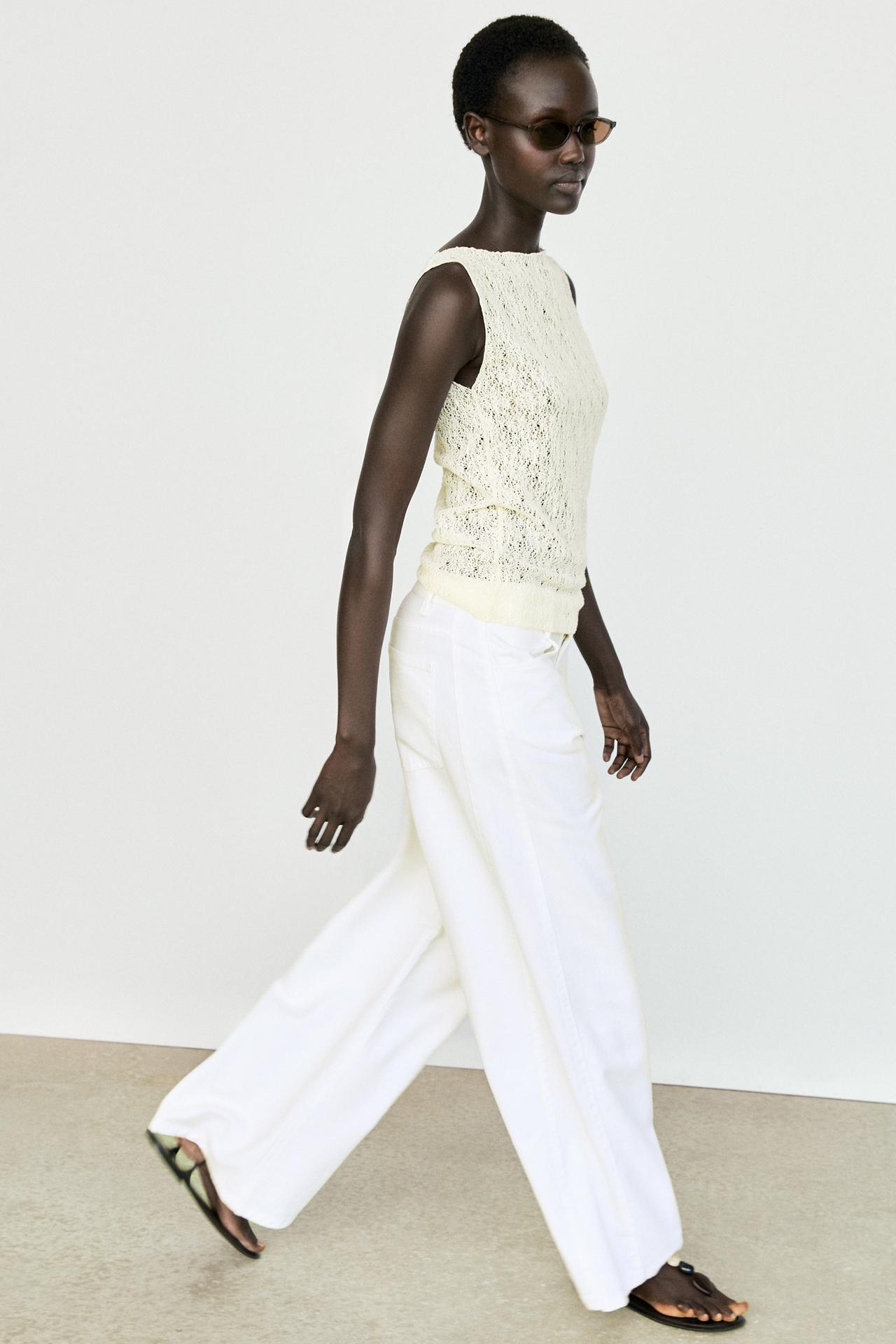 Sleeveless open-knit top — CREAM