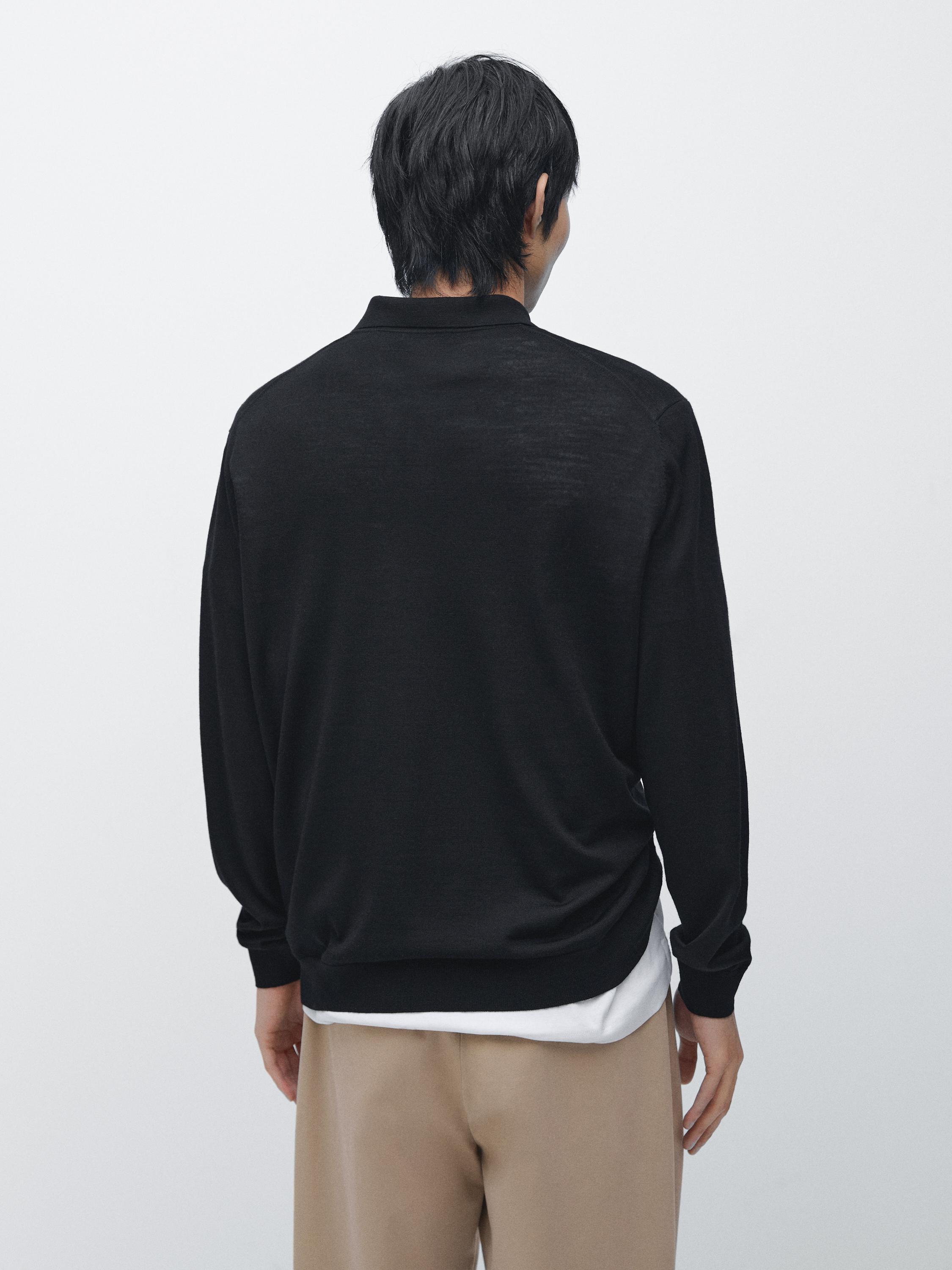 100% wool knit sweater with polo collar — BLACK