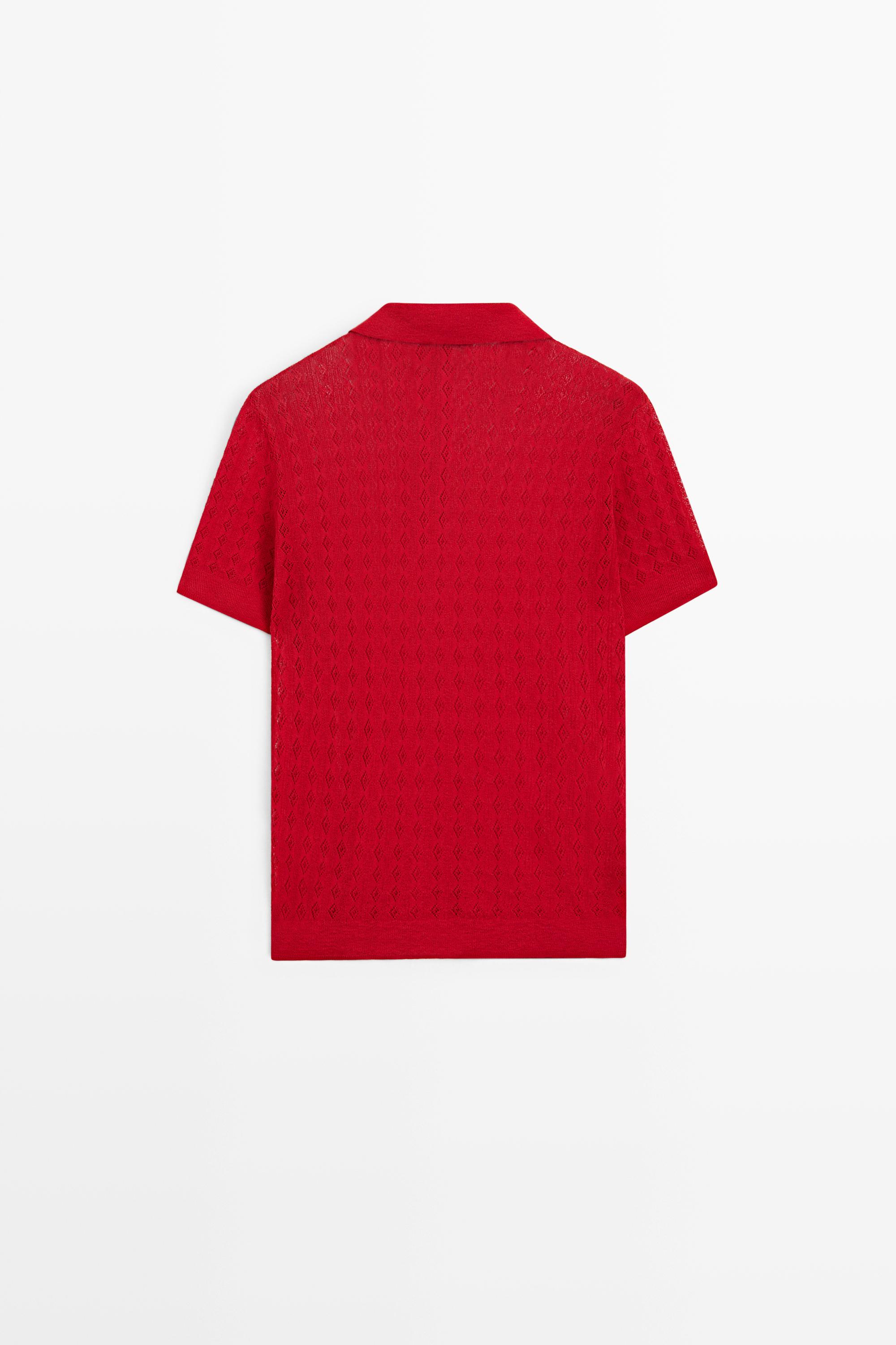 Open-knit polo sweater — RED
