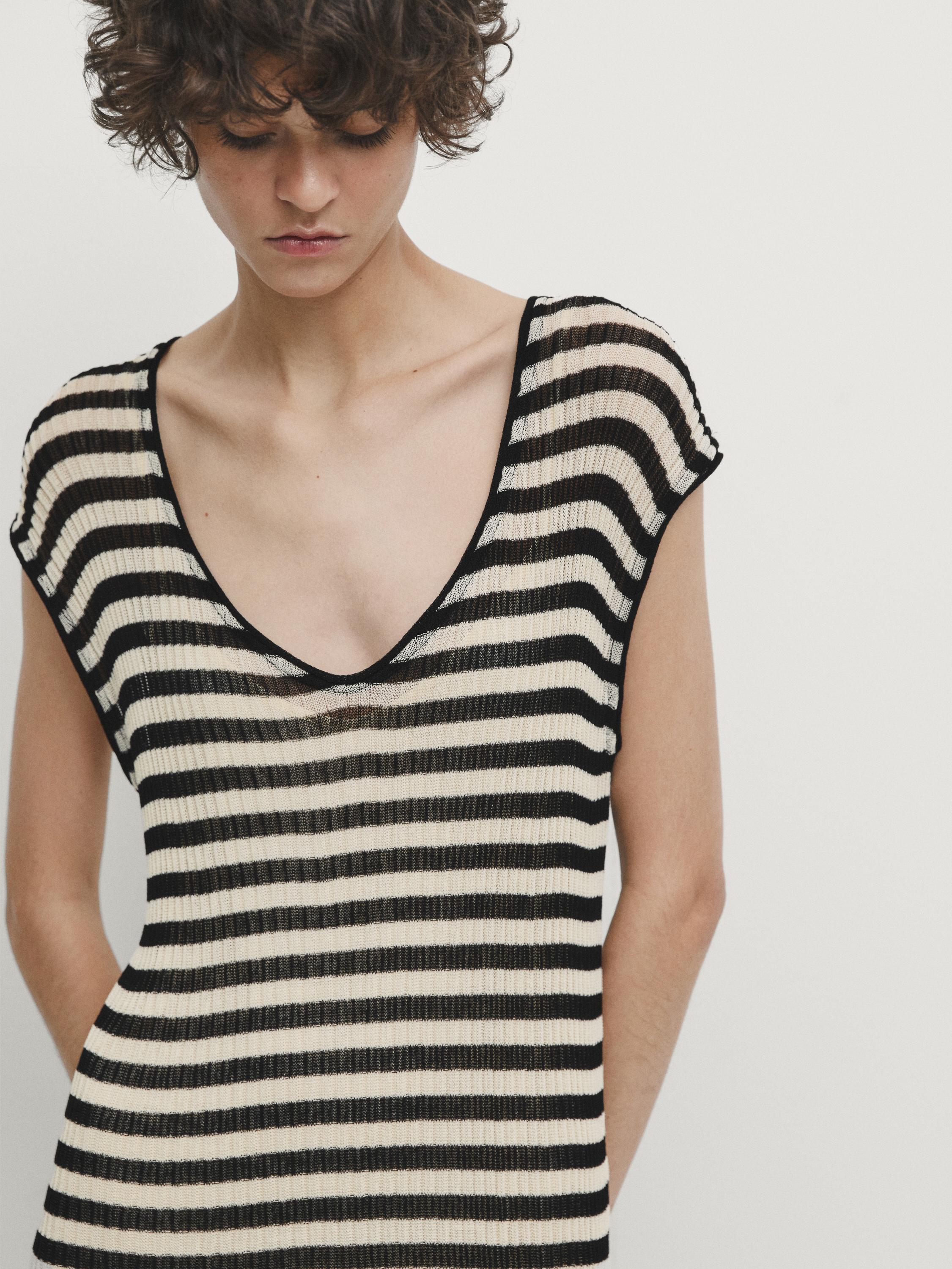 Striped open knit midi dress