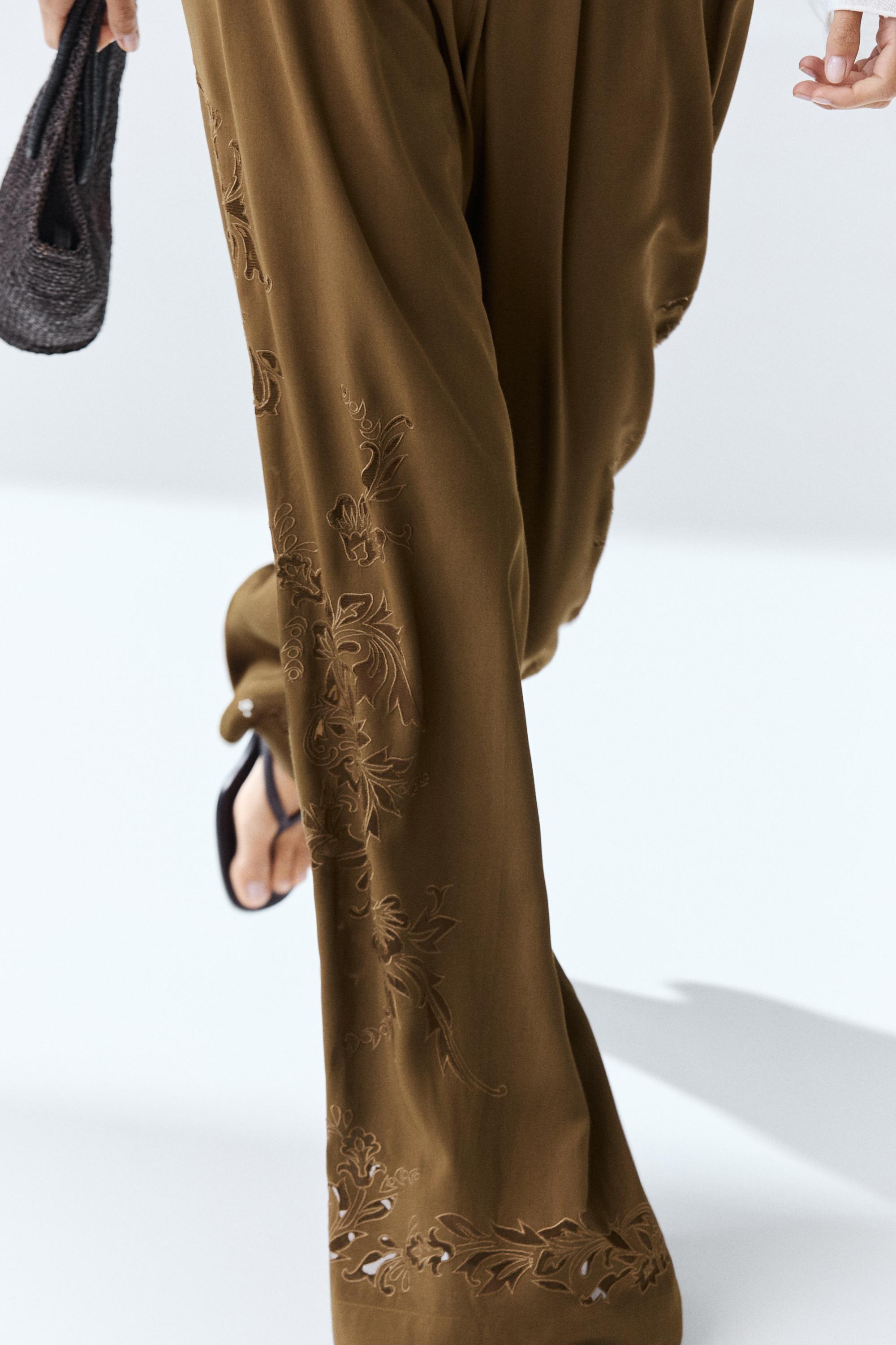 Flowing wide-leg pants with embroidery details — KHAKI