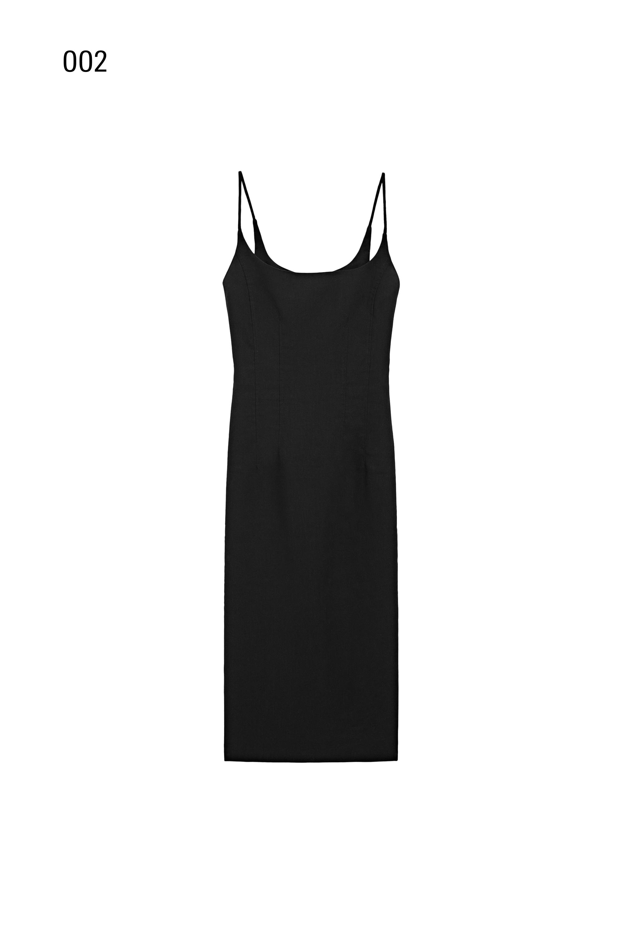 Linen-blend thin strap midi dress — BLACK