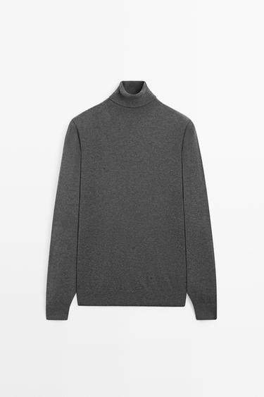 Cotton blend high neck knit sweater — CHARCOAL 2