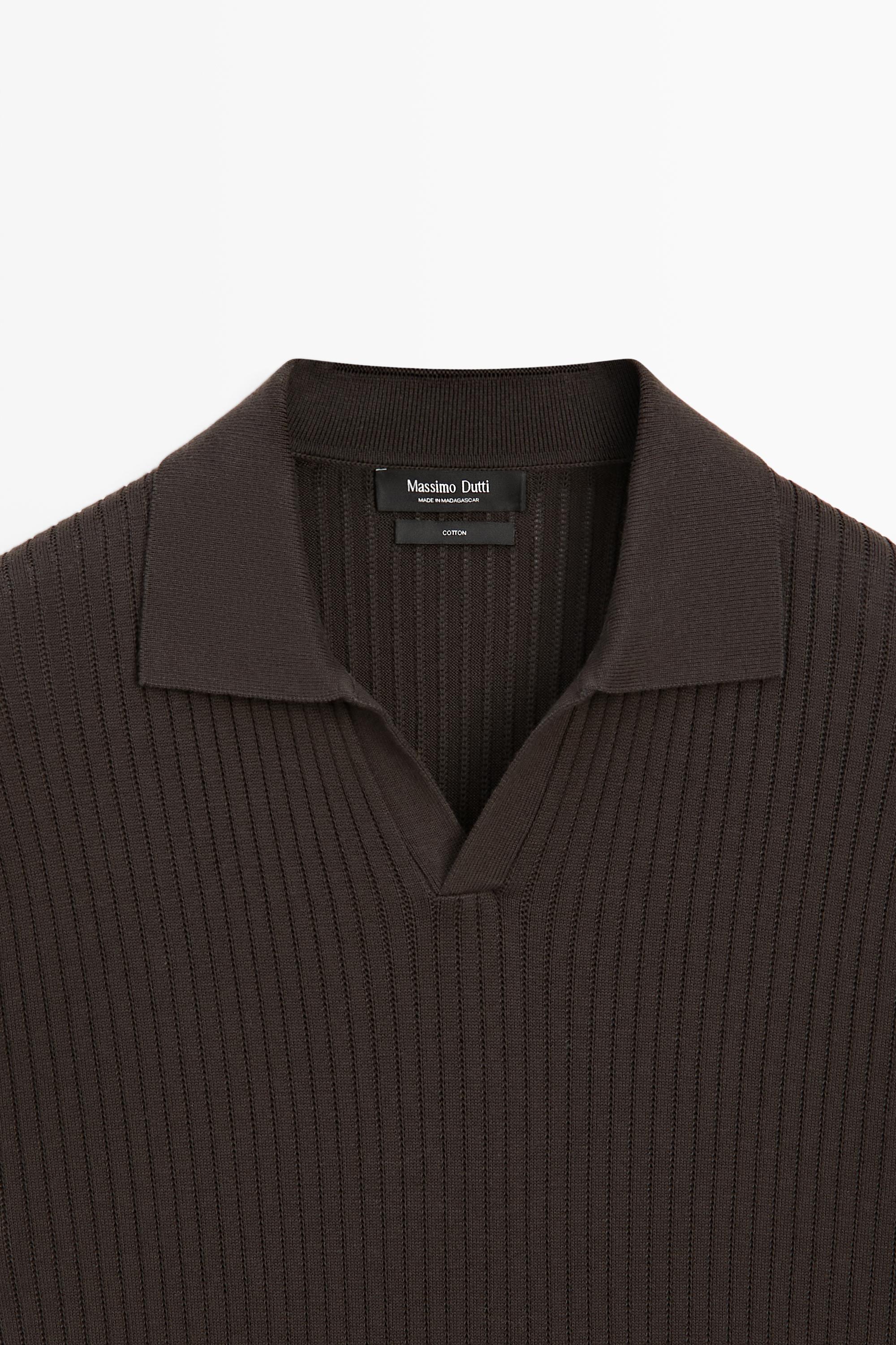 100% cotton ribbed knit polo sweater — BROWN MARL
